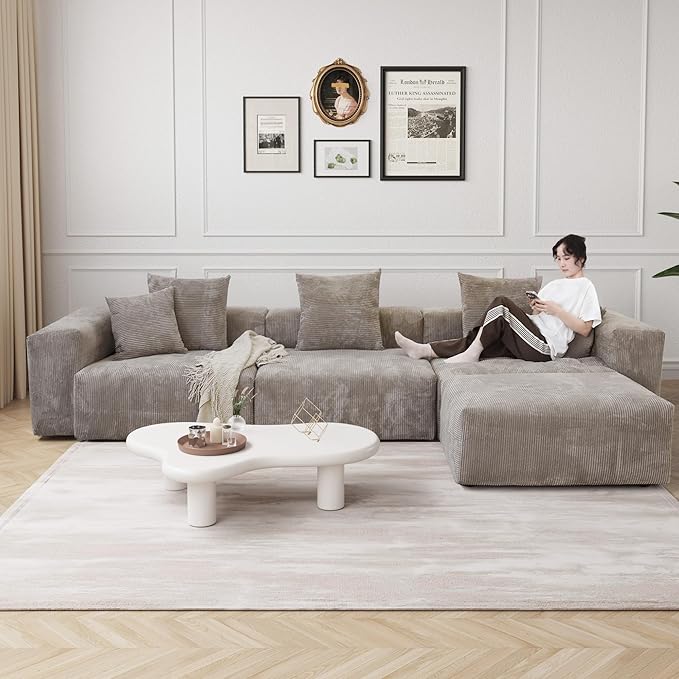 Kanso Corduroy Modular Bouclé Cloud Couch - Brown - 3-Seater Sectional Sofa with Ottoman - Image 2