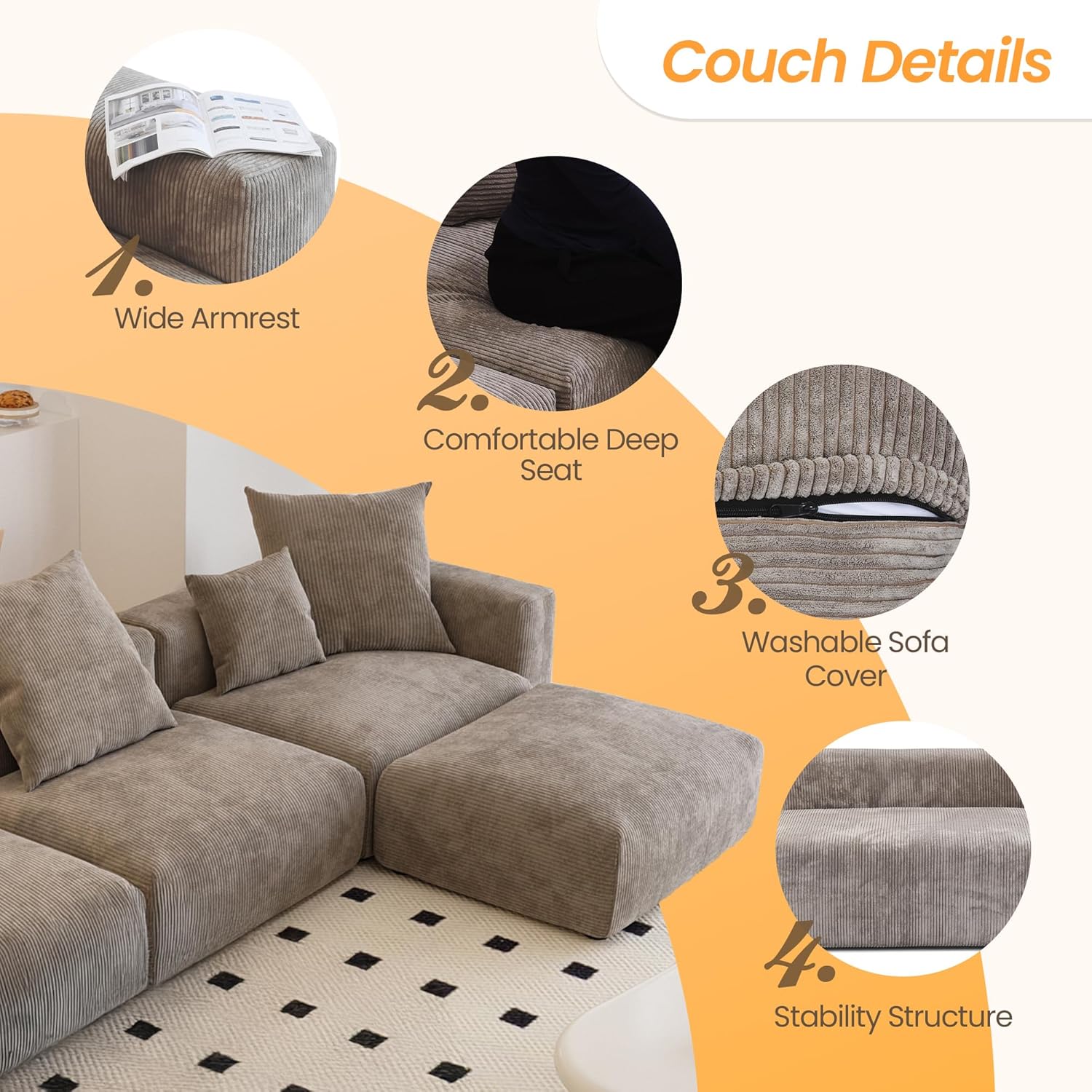 Kanso Corduroy Modular Bouclé Cloud Couch - Brown - 4-Seater Sofa - Image 3