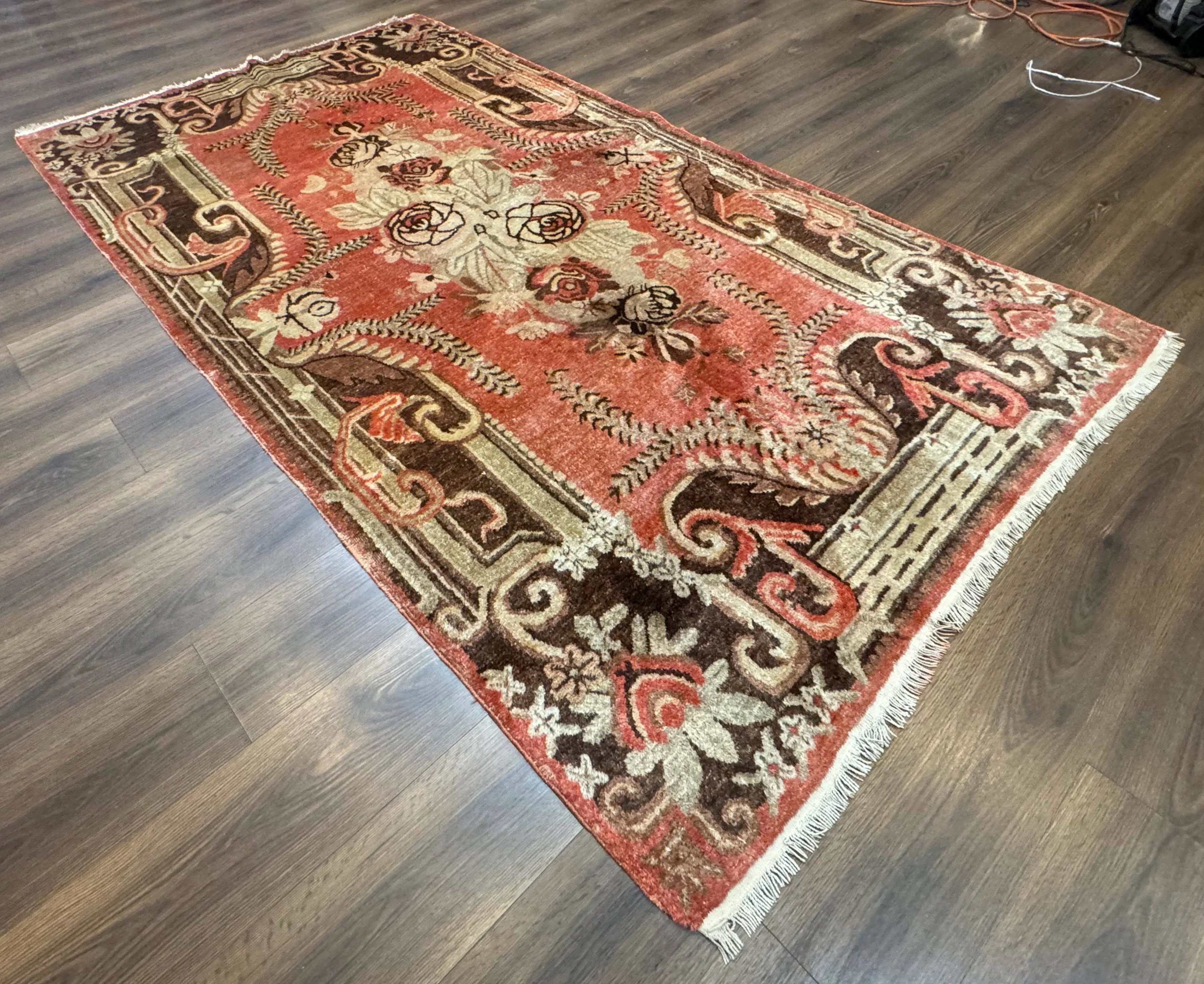Khotan Rug 5x9, Terracotta and Brown, Floral, Chinese Wool Carpet, Antique Rug - Image 12
