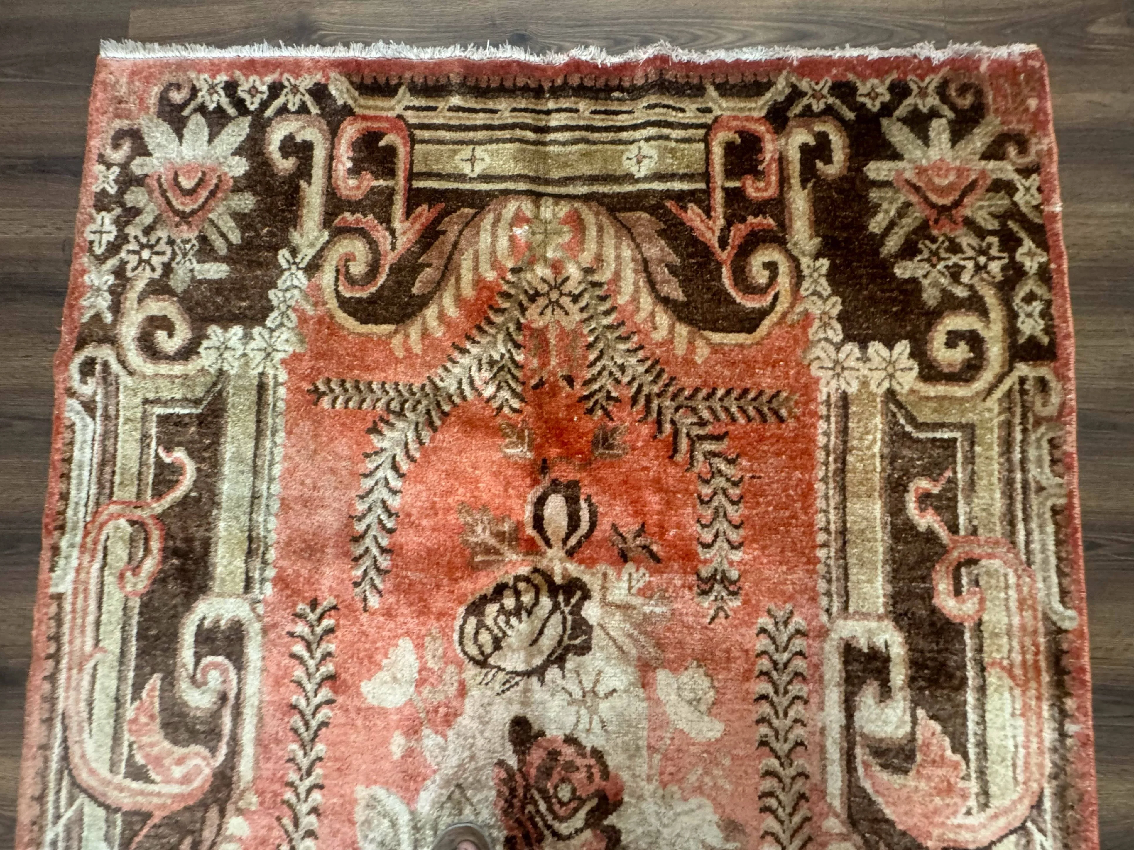 Khotan Rug 5x9, Terracotta and Brown, Floral, Chinese Wool Carpet, Antique Rug - Image 3