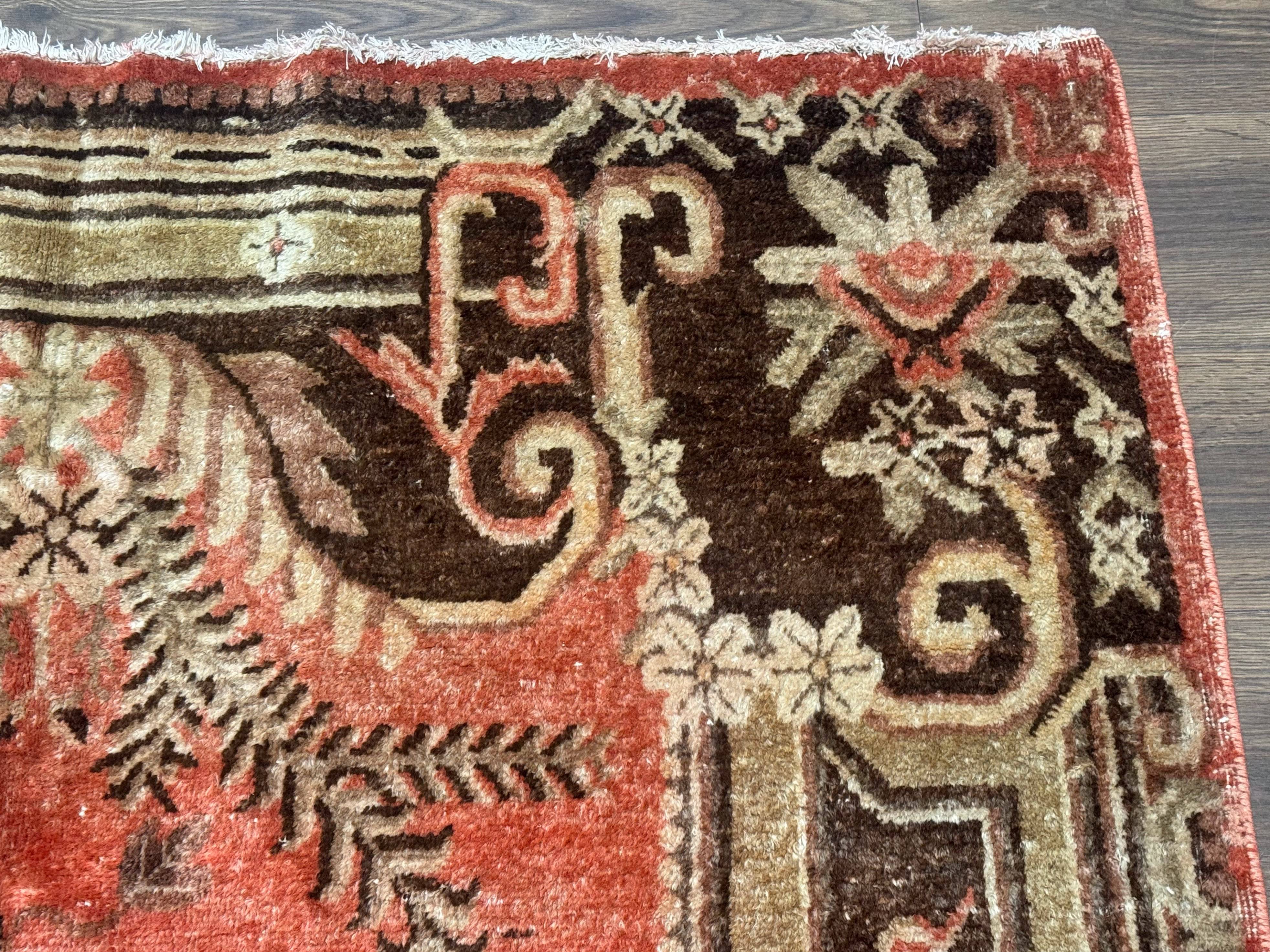 Khotan Rug 5x9, Terracotta and Brown, Floral, Chinese Wool Carpet, Antique Rug - Image 7