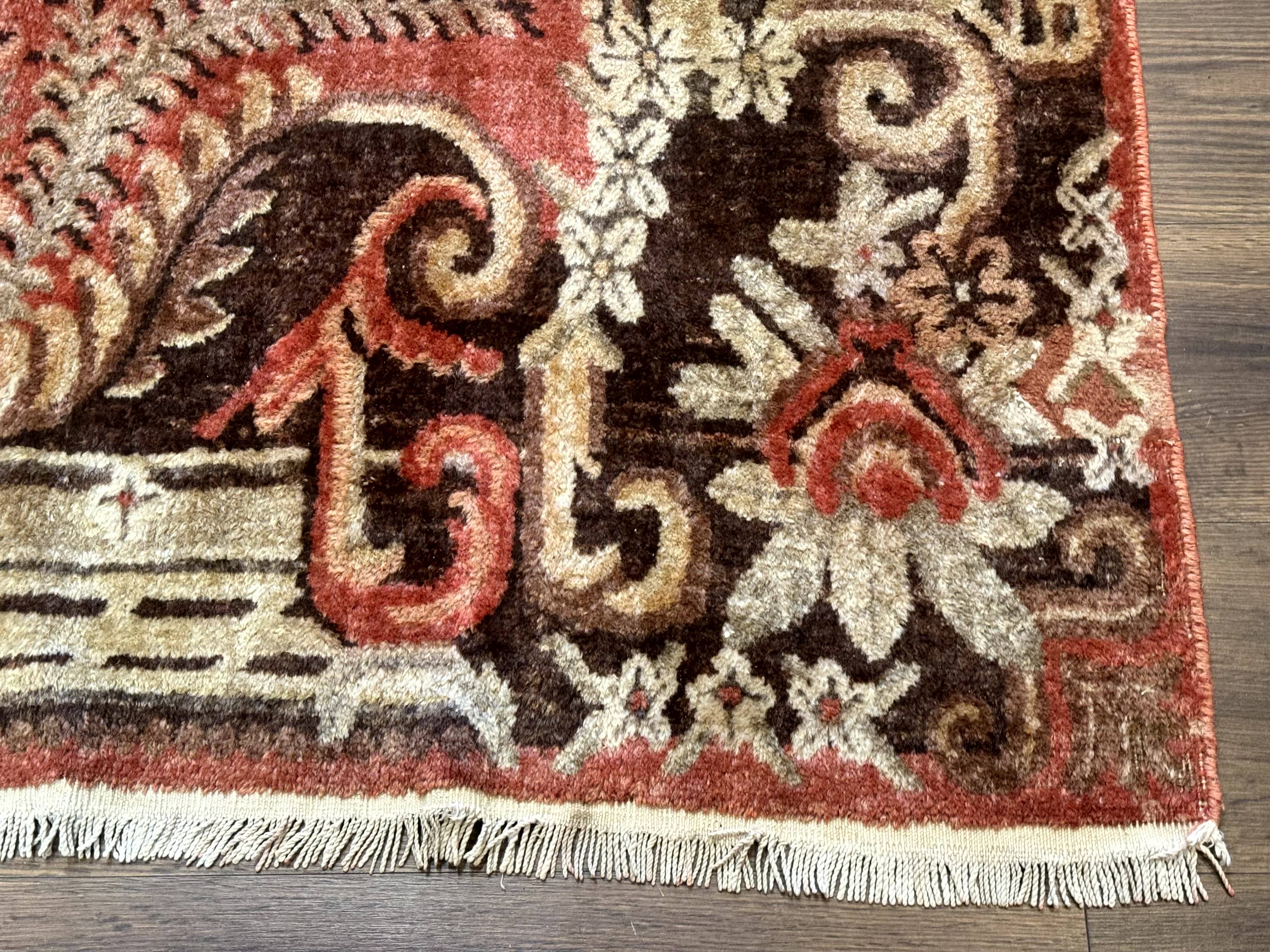 Khotan Rug 5x9, Terracotta and Brown, Floral, Chinese Wool Carpet, Antique Rug - Image 9