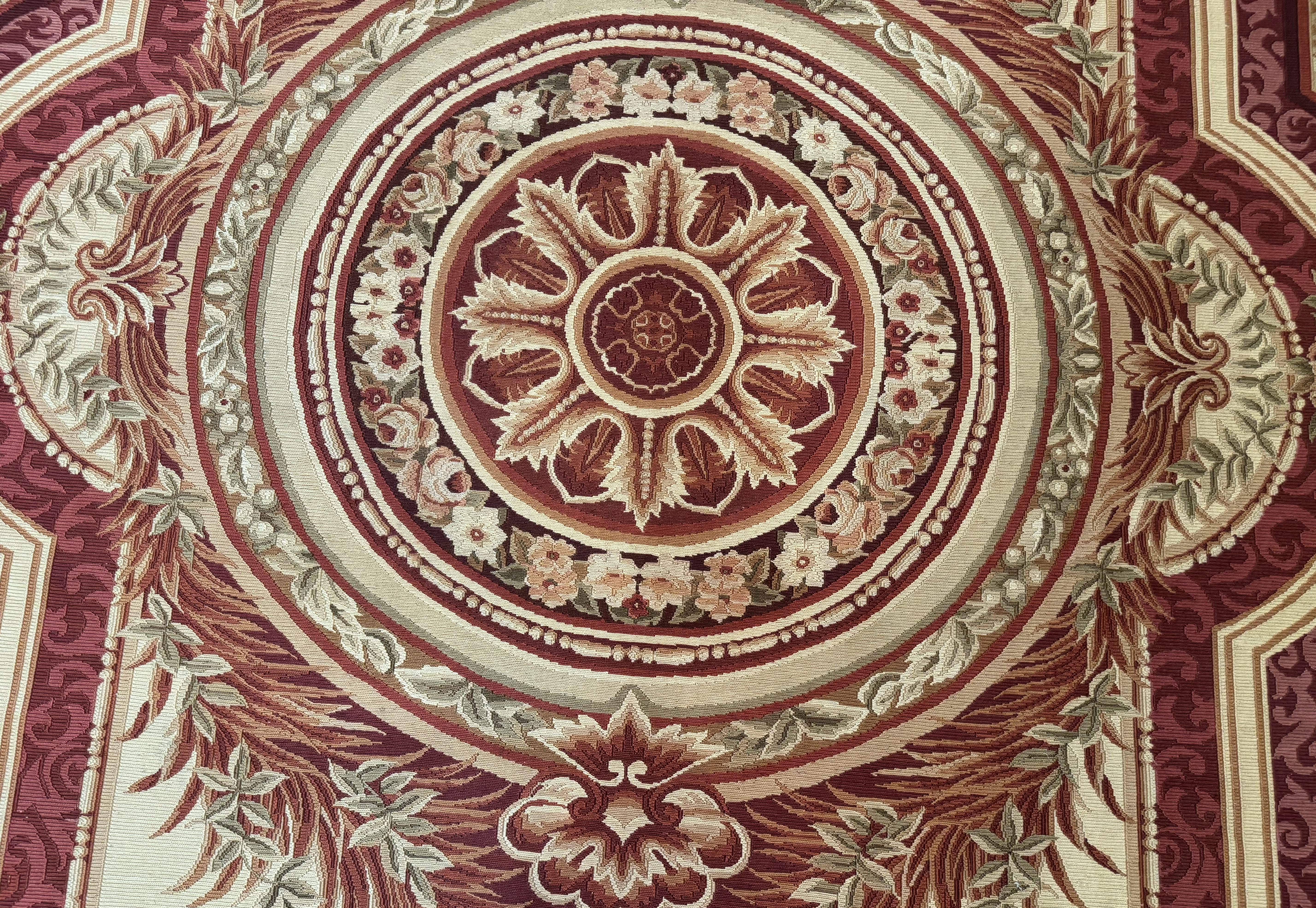 Large Aubusson Rug 10x13, Thick Flatweave Carpet, Elegant European Design, Cream and Raspberry - Image 4