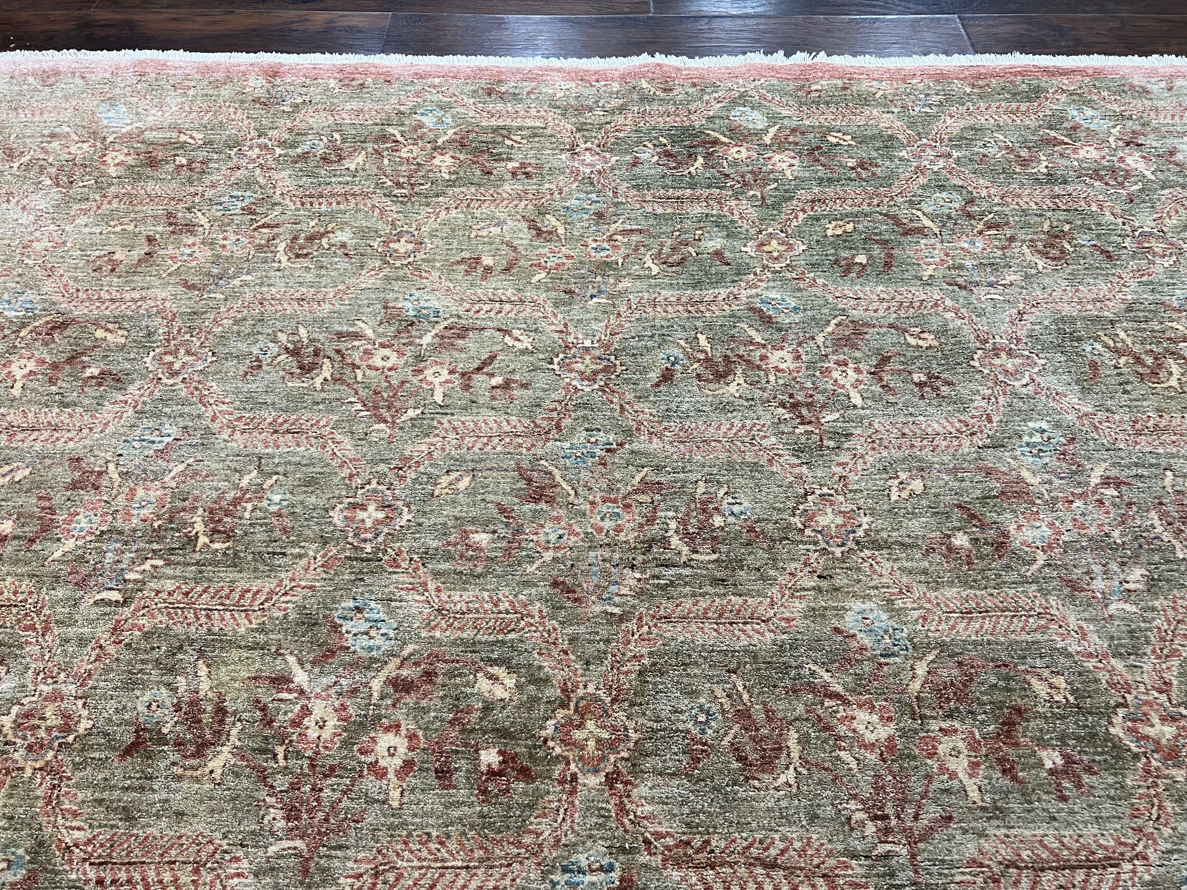 Large Modern Pakistani Rug 9x12, Handmade Wool Carpet, Peshawar Rug, Hand Knotted Oriental Rug, Contemporary, Floral, Light Green - Image 3