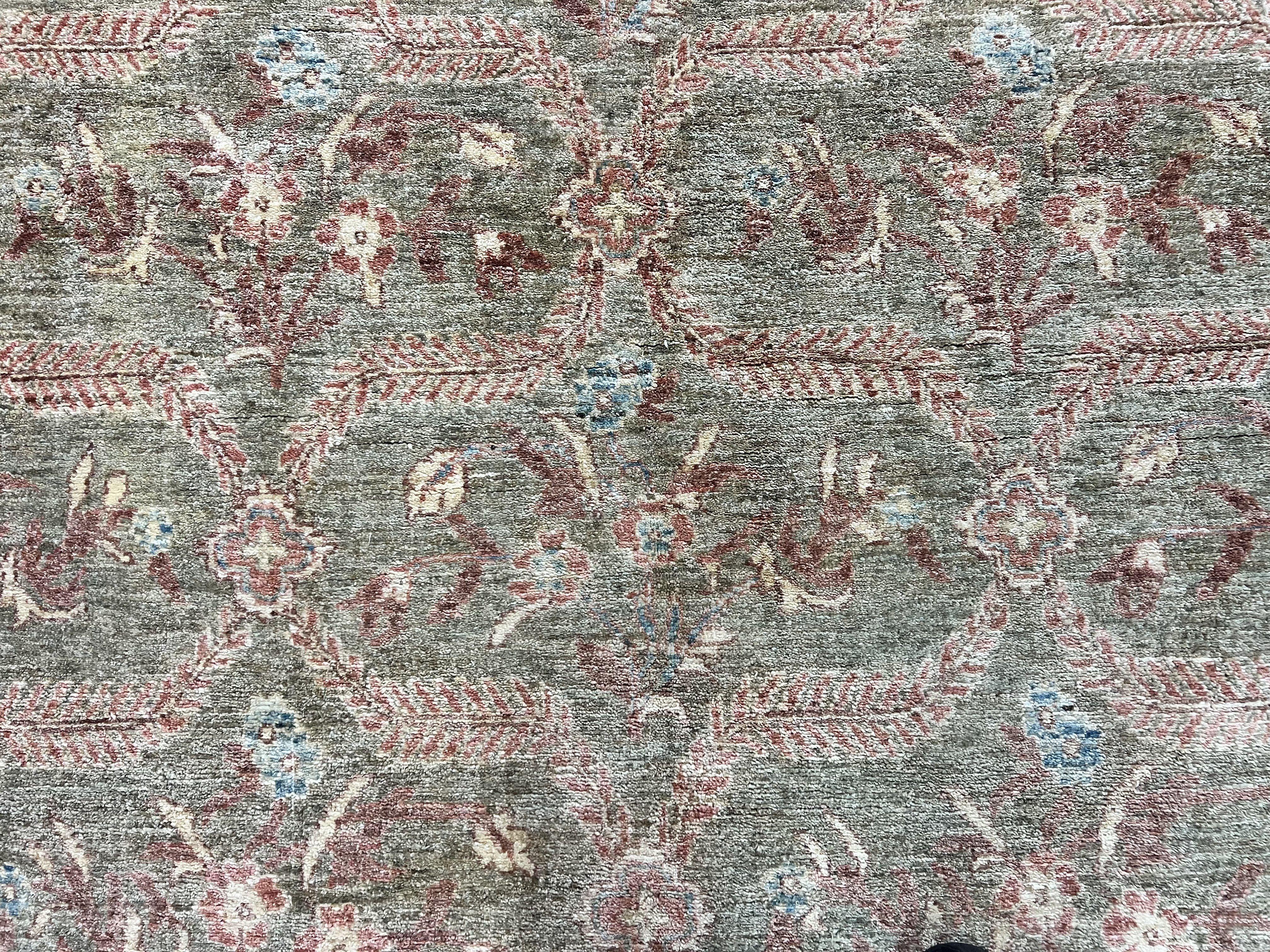 Large Modern Pakistani Rug 9x12, Handmade Wool Carpet, Peshawar Rug, Hand Knotted Oriental Rug, Contemporary, Floral, Light Green - Image 4