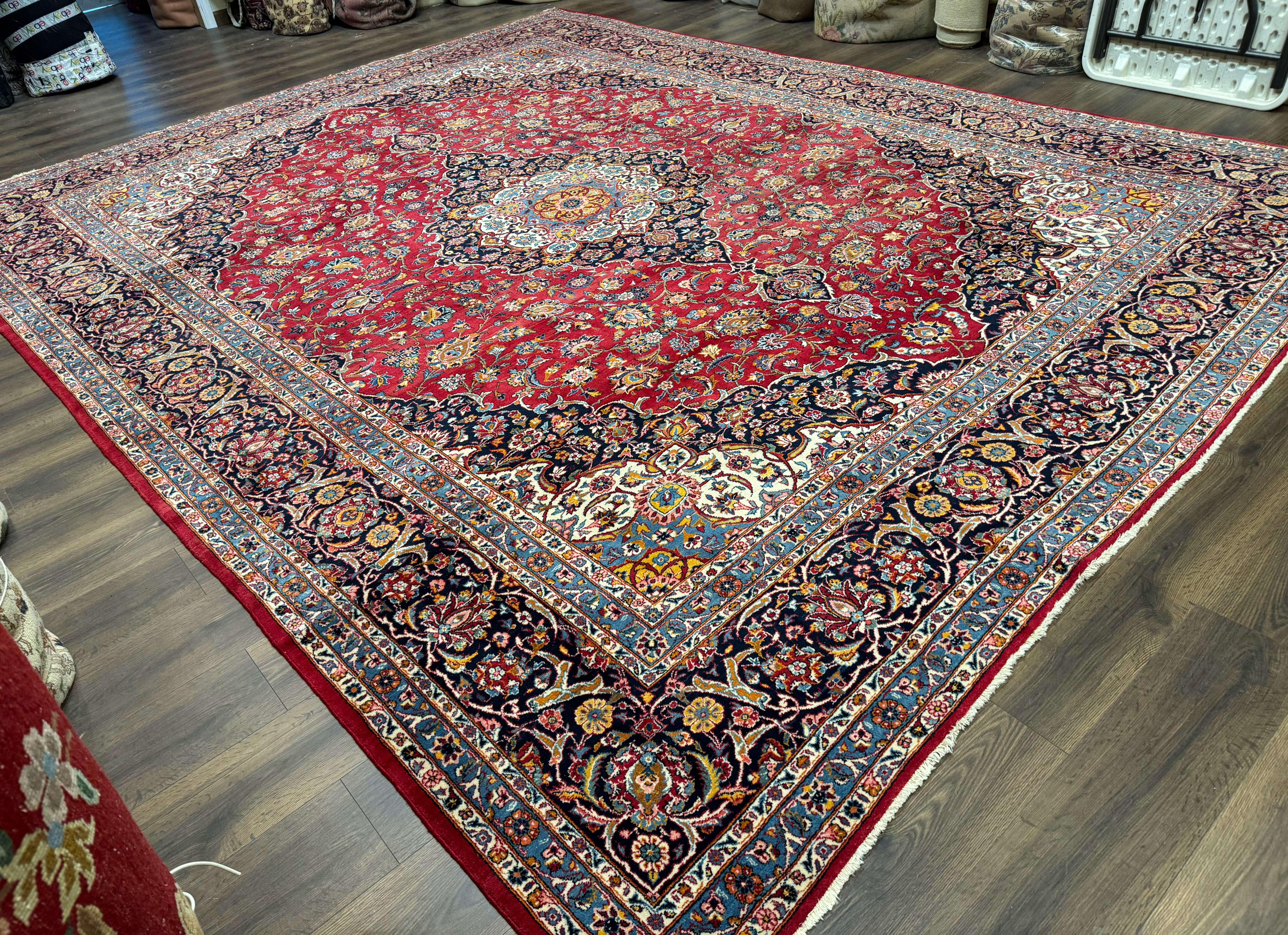 Large Persian Kashan Rug 11x14, Traditional Persian Carpet, Wool, Fine 250 KPSI, Red Navy Blue - Image 9
