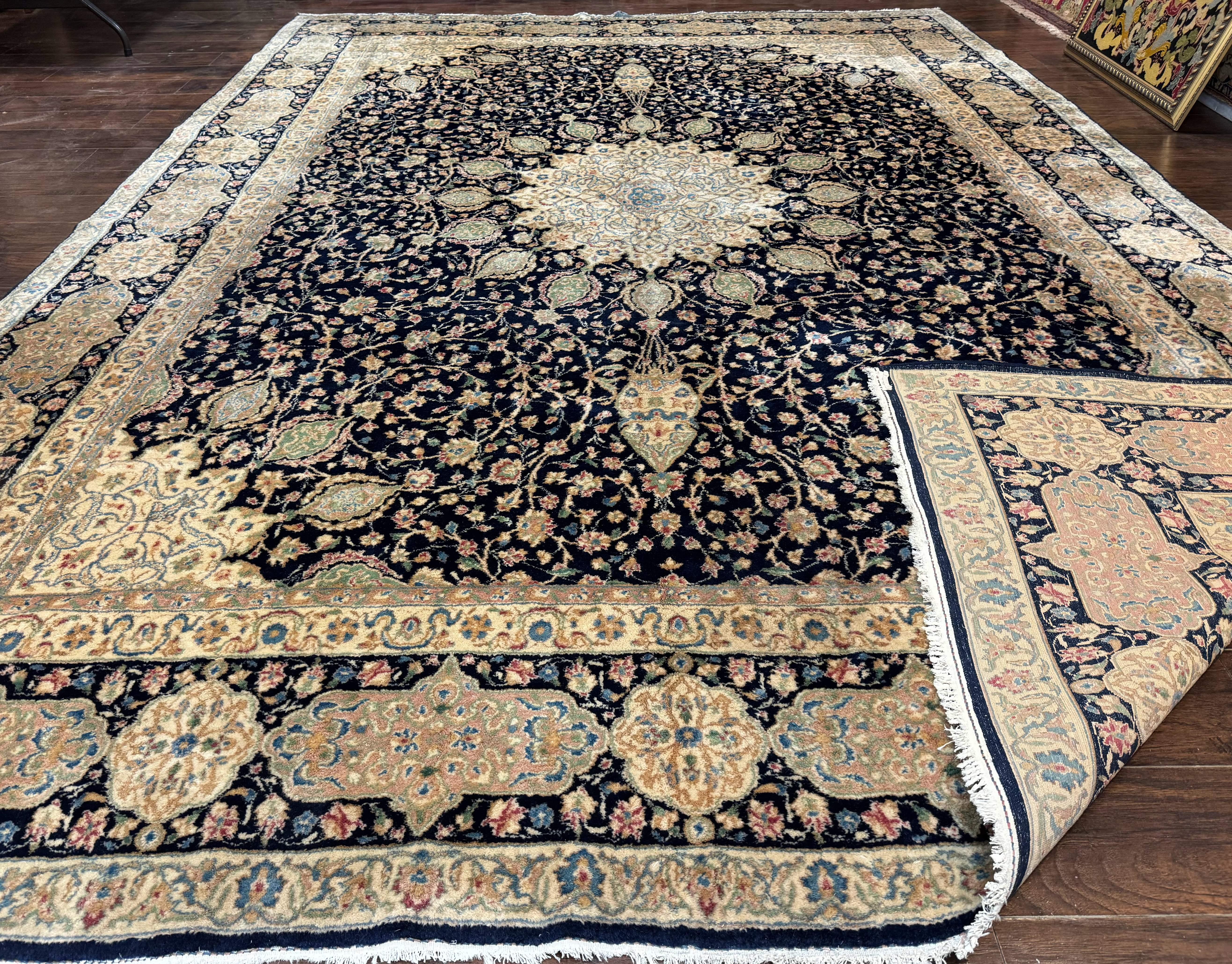 Large Persian Kerman Rug 10x14, Navy Blue and Beige, Floral Medallion, Traditional Elegant Persian Carpet, Signed by Masterweaver - Image 11