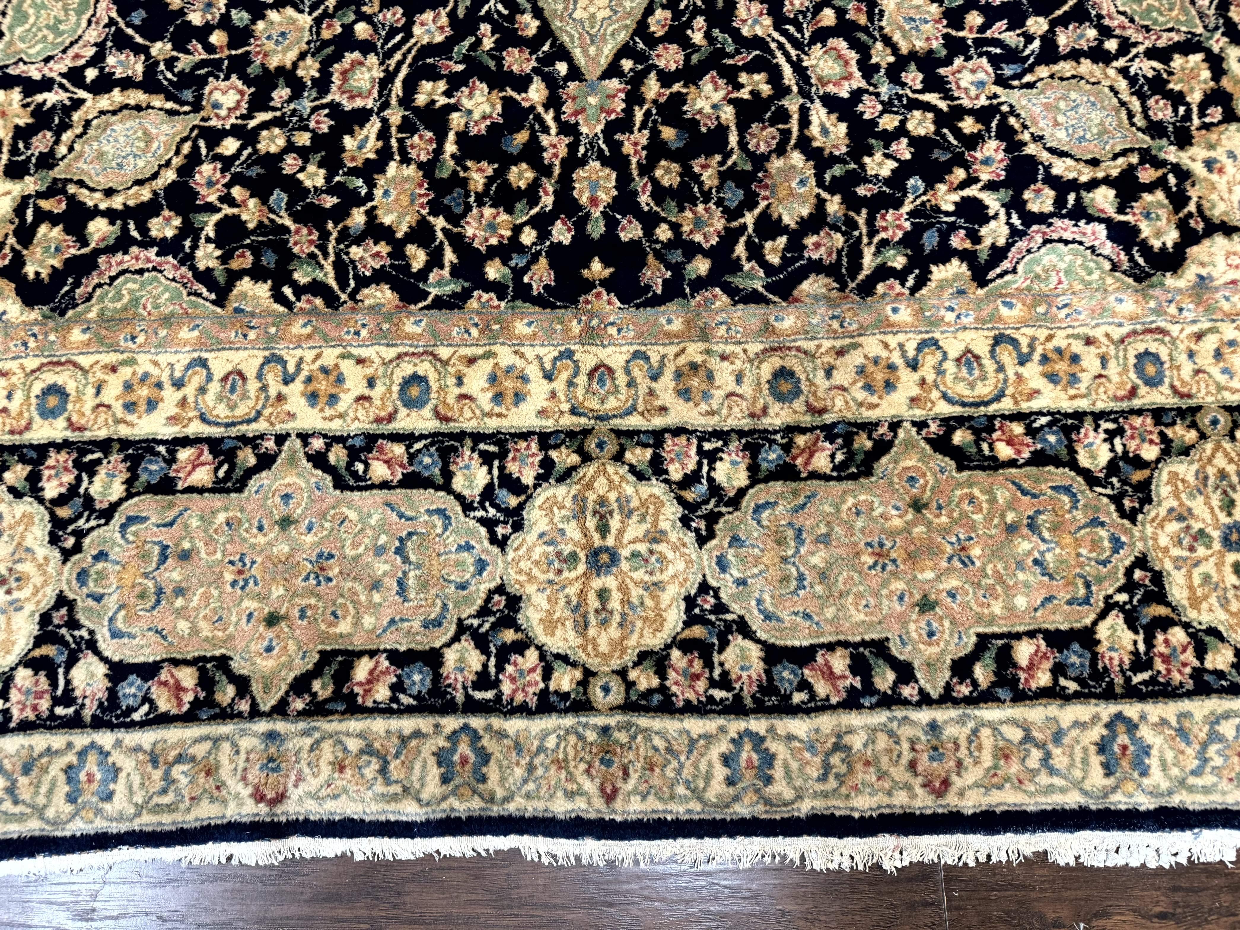 Large Persian Kerman Rug 10x14, Navy Blue and Beige, Floral Medallion, Traditional Elegant Persian Carpet, Signed by Masterweaver - Image 5