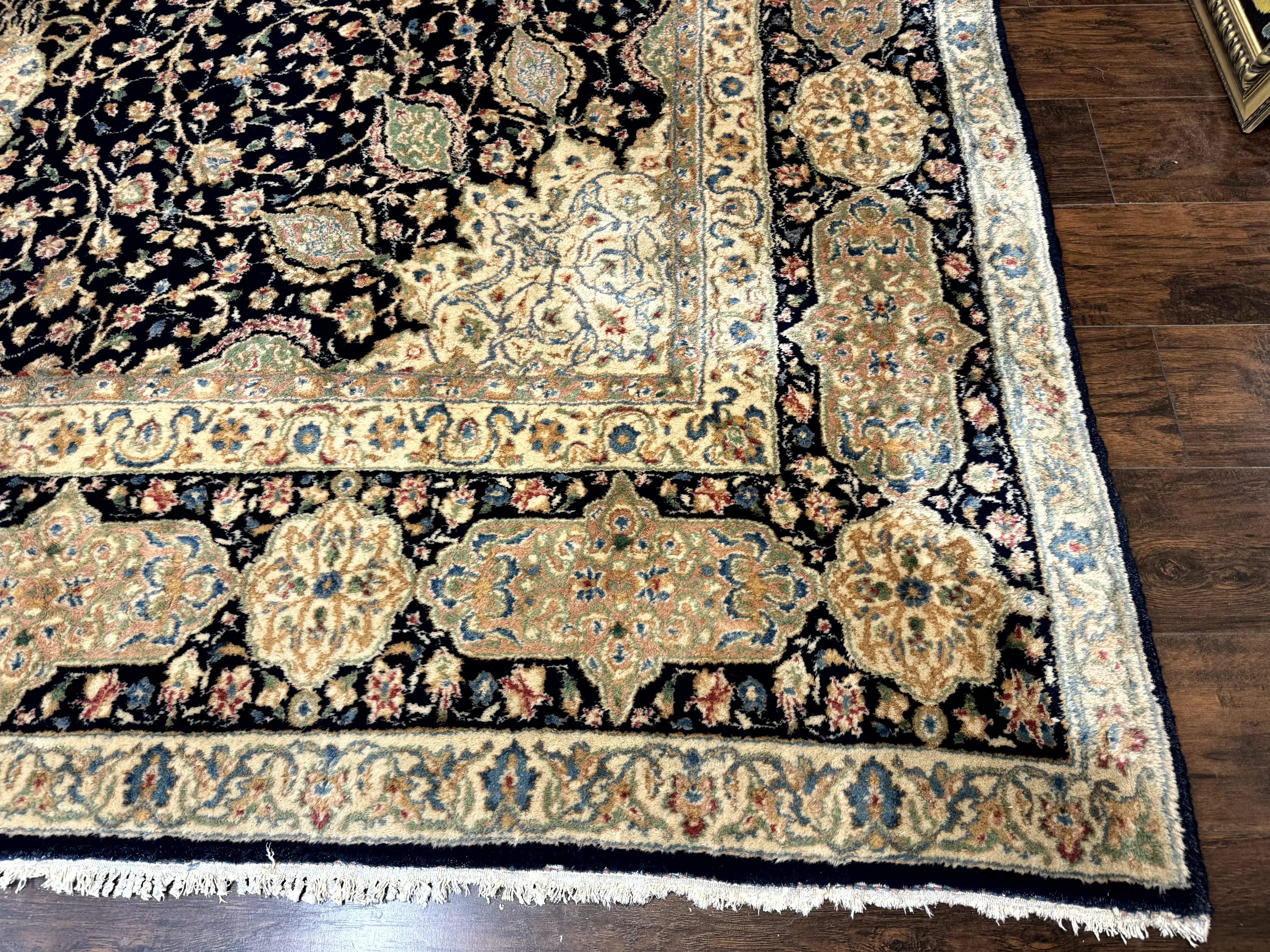 Large Persian Kerman Rug 10x14, Navy Blue and Beige, Floral Medallion, Traditional Elegant Persian Carpet, Signed by Masterweaver - Image 9