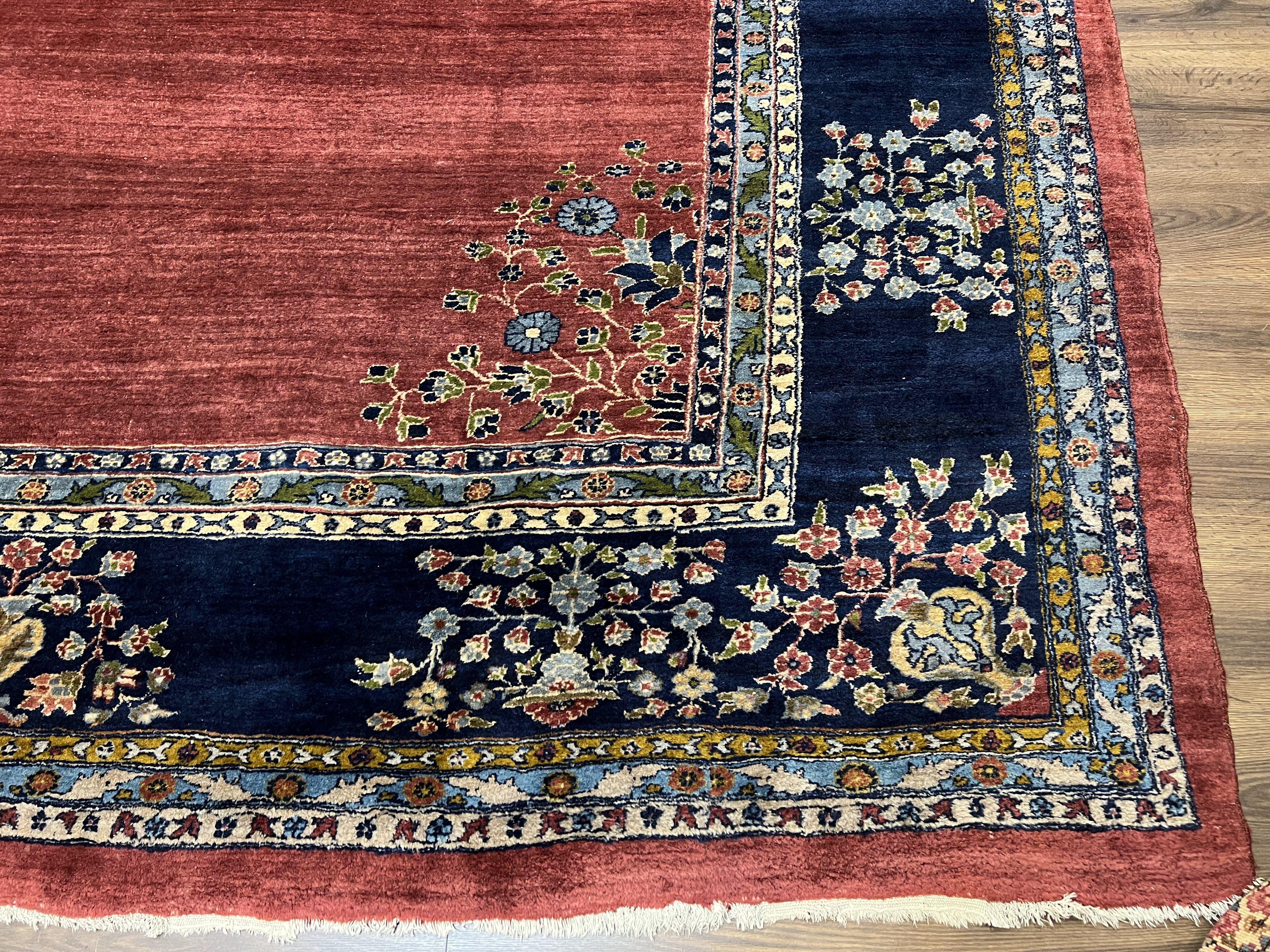 Large Persian Sarouk Rug 10x17, Open Field, Red and Navy Blue, Palace Sized Oversized Hand Knotted Wool Oriental Carpet Flowers Vases Antique 1920s - Image 9