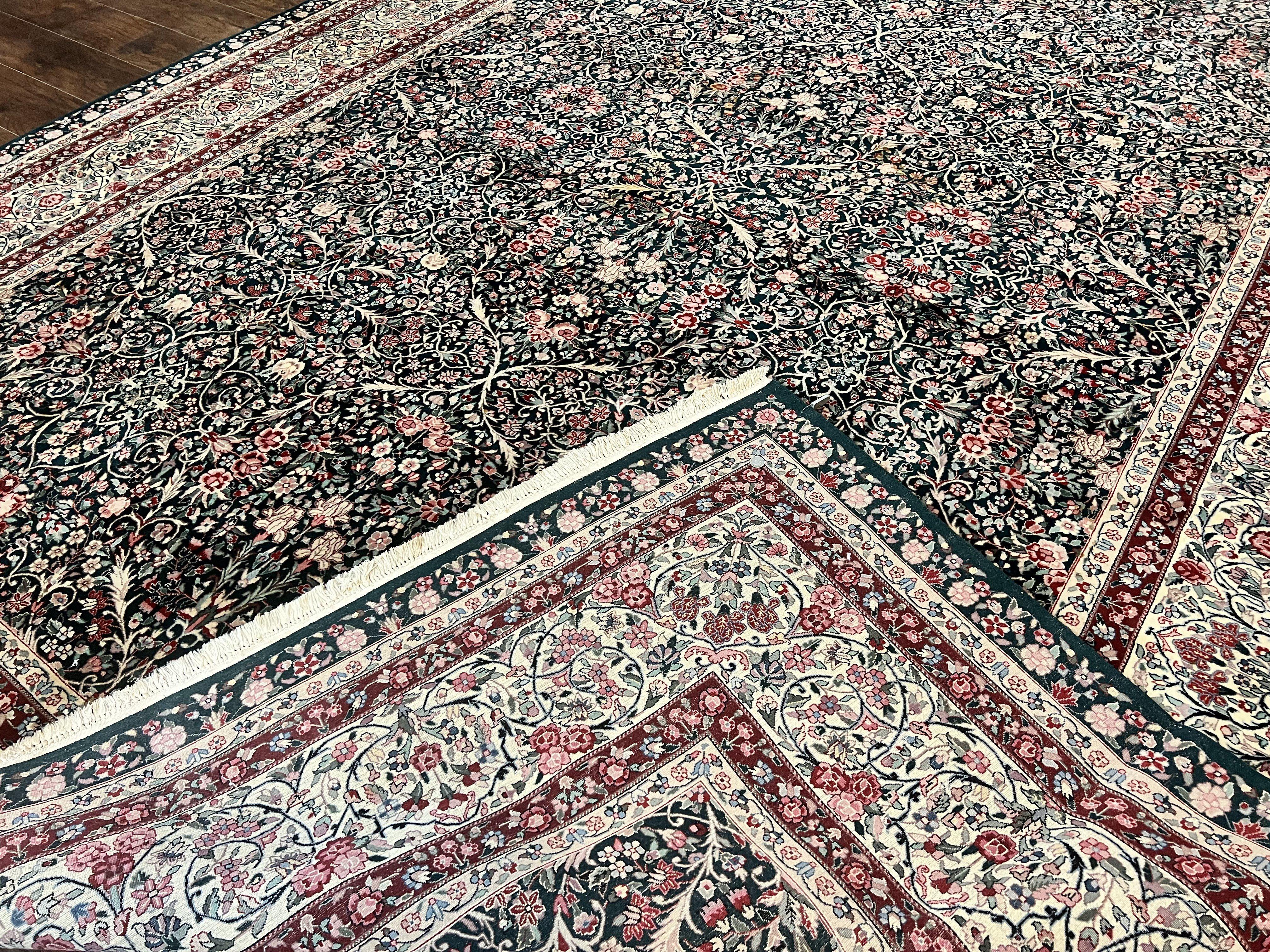 Large Sino Persian Rug 10x14, Wool Hand Knotted Vintage Carpet, Dark Green & Beige, Kirman Floral Rug, Fine Weave, Traditional, Large - Image 11
