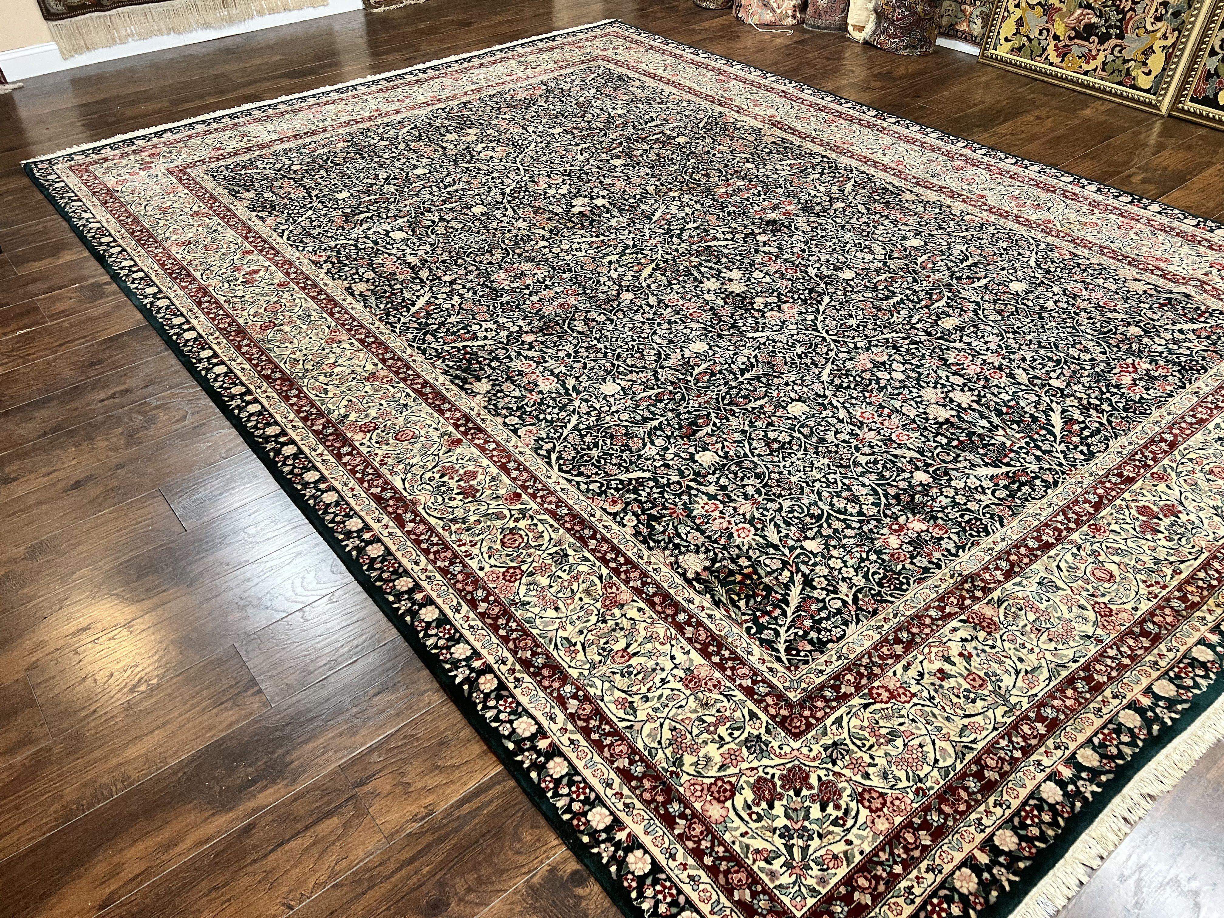 Large Sino Persian Rug 10x14, Wool Hand Knotted Vintage Carpet, Dark Green & Beige, Kirman Floral Rug, Fine Weave, Traditional, Large - Image 12