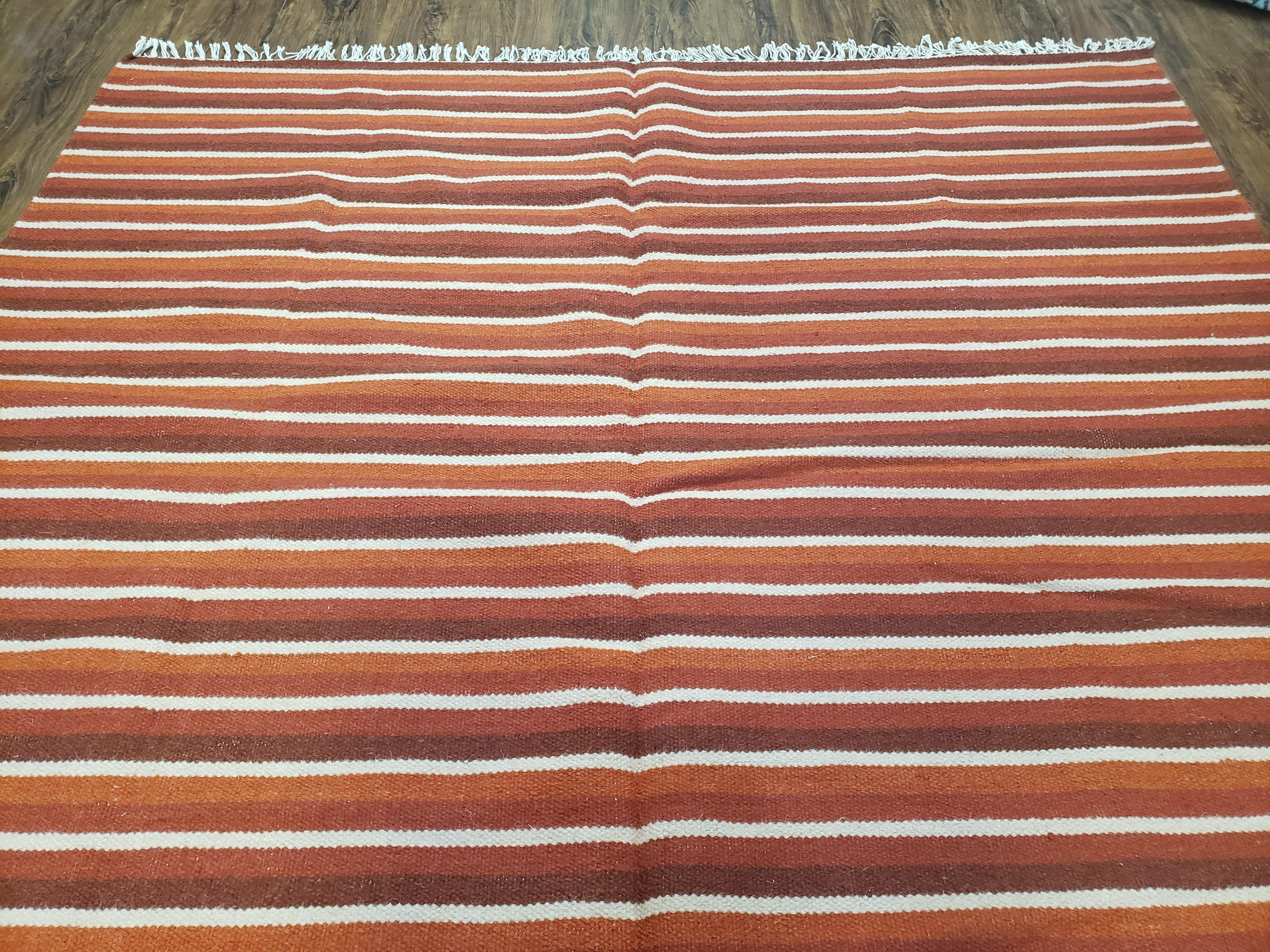Large Striped Woolen Handmade Throw Blanket, Twin Size Bedding Hand-Woven, Indian Kilim Area Rug, 6x8 - 7x8, South American Style Textile - Image 4