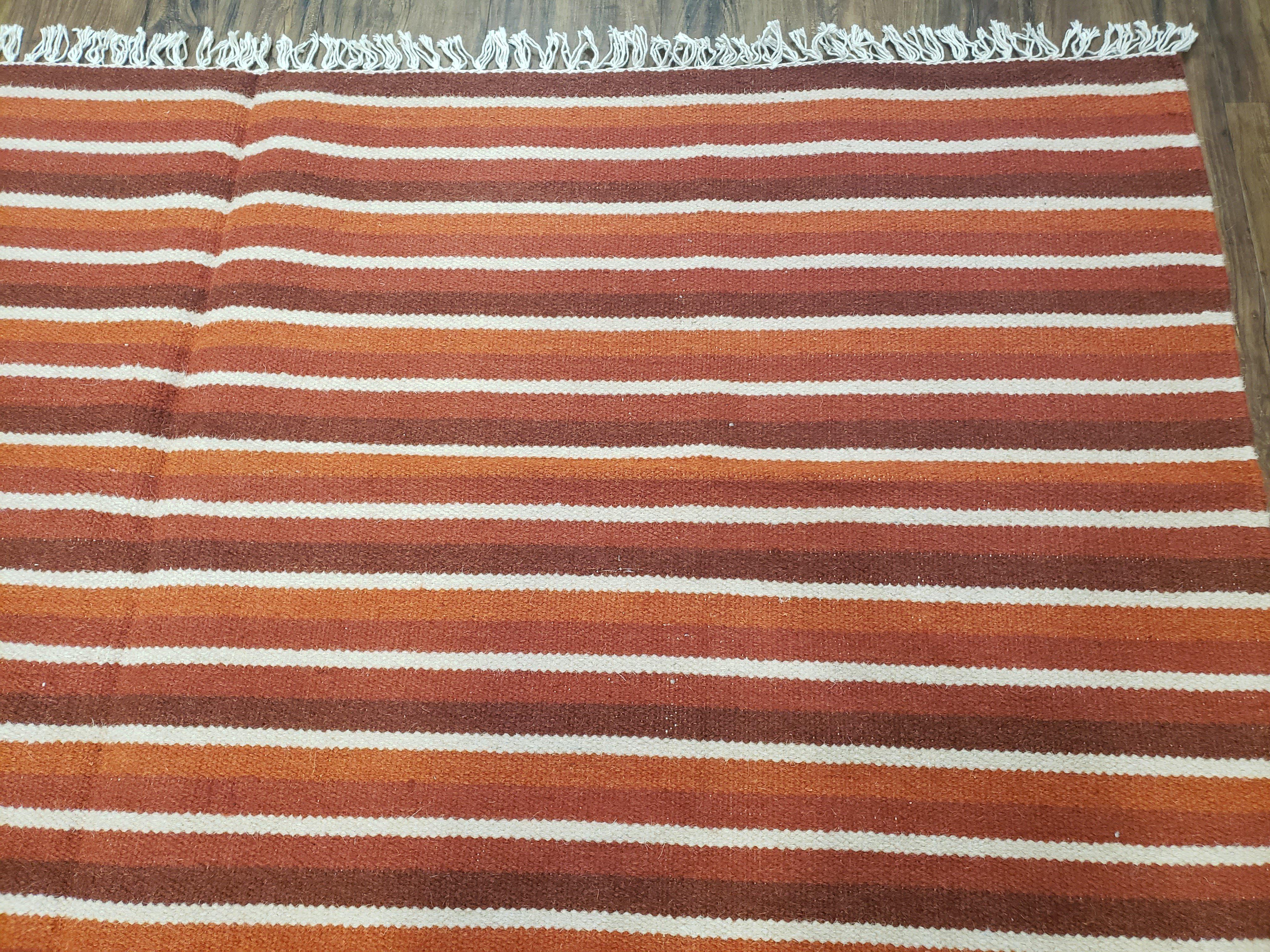 Large Striped Woolen Handmade Throw Blanket, Twin Size Bedding Hand-Woven, Indian Kilim Area Rug, 6x8 - 7x8, South American Style Textile - Image 7