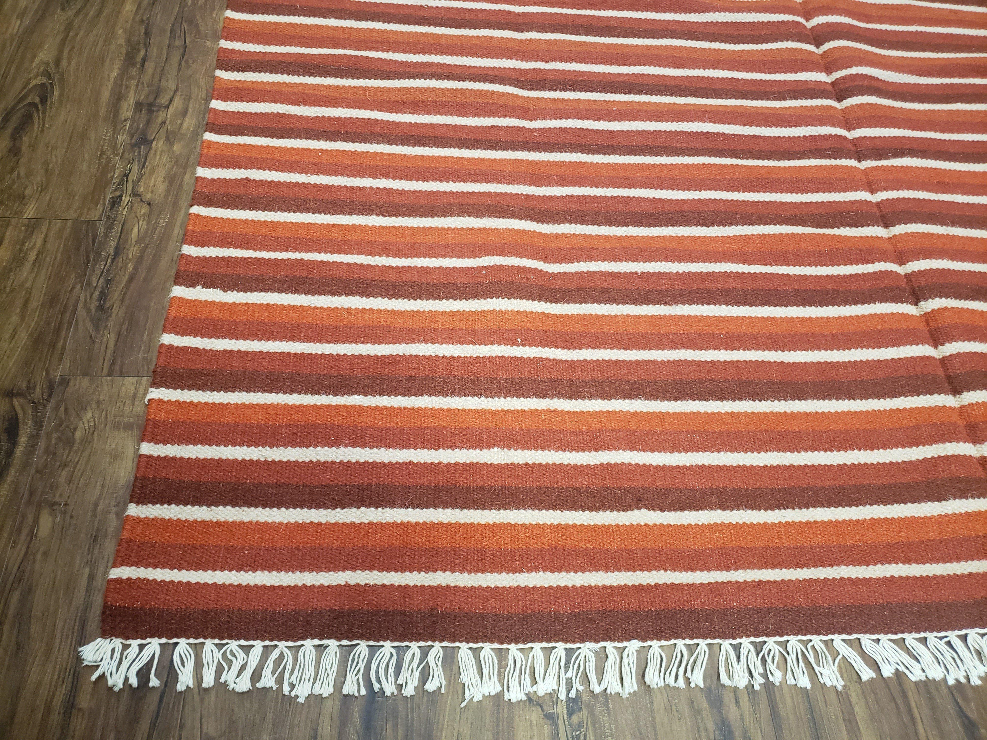 Large Striped Woolen Handmade Throw Blanket, Twin Size Bedding Hand-Woven, Indian Kilim Area Rug, 6x8 - 7x8, South American Style Textile - Image 8