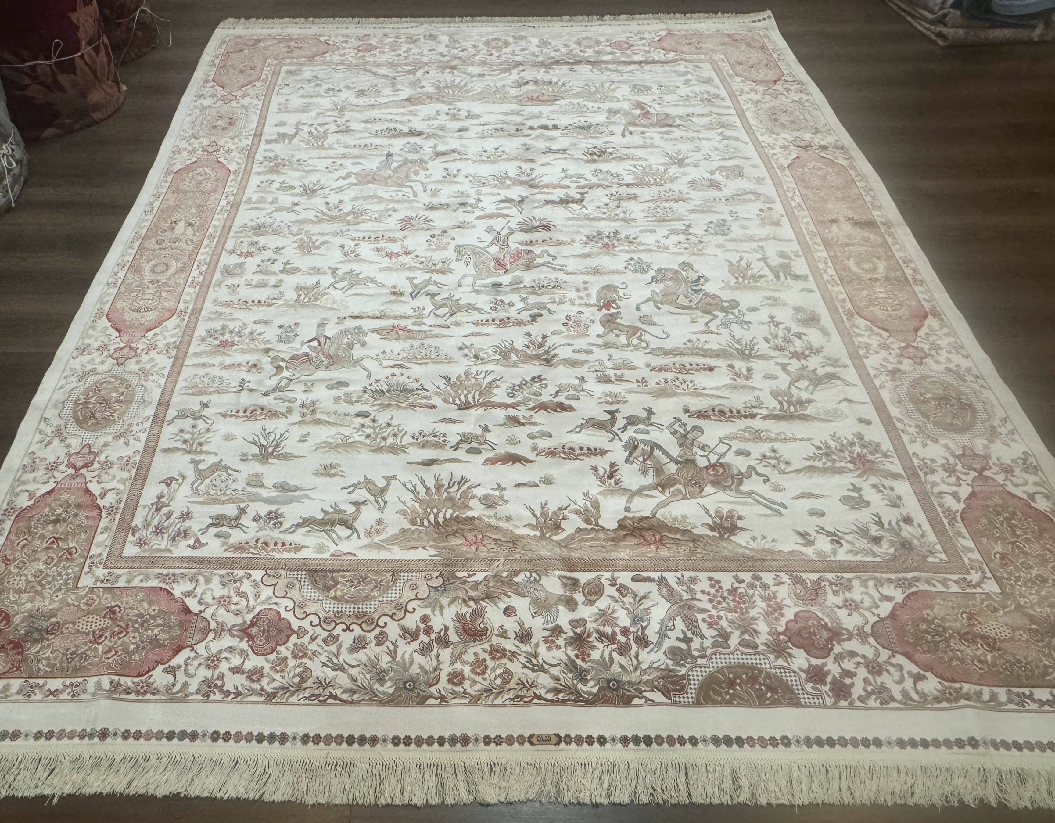 Large Turkish Silk Rug 8x10, Ivory, Hunting Design, Bamboo Silk, New - Image 12