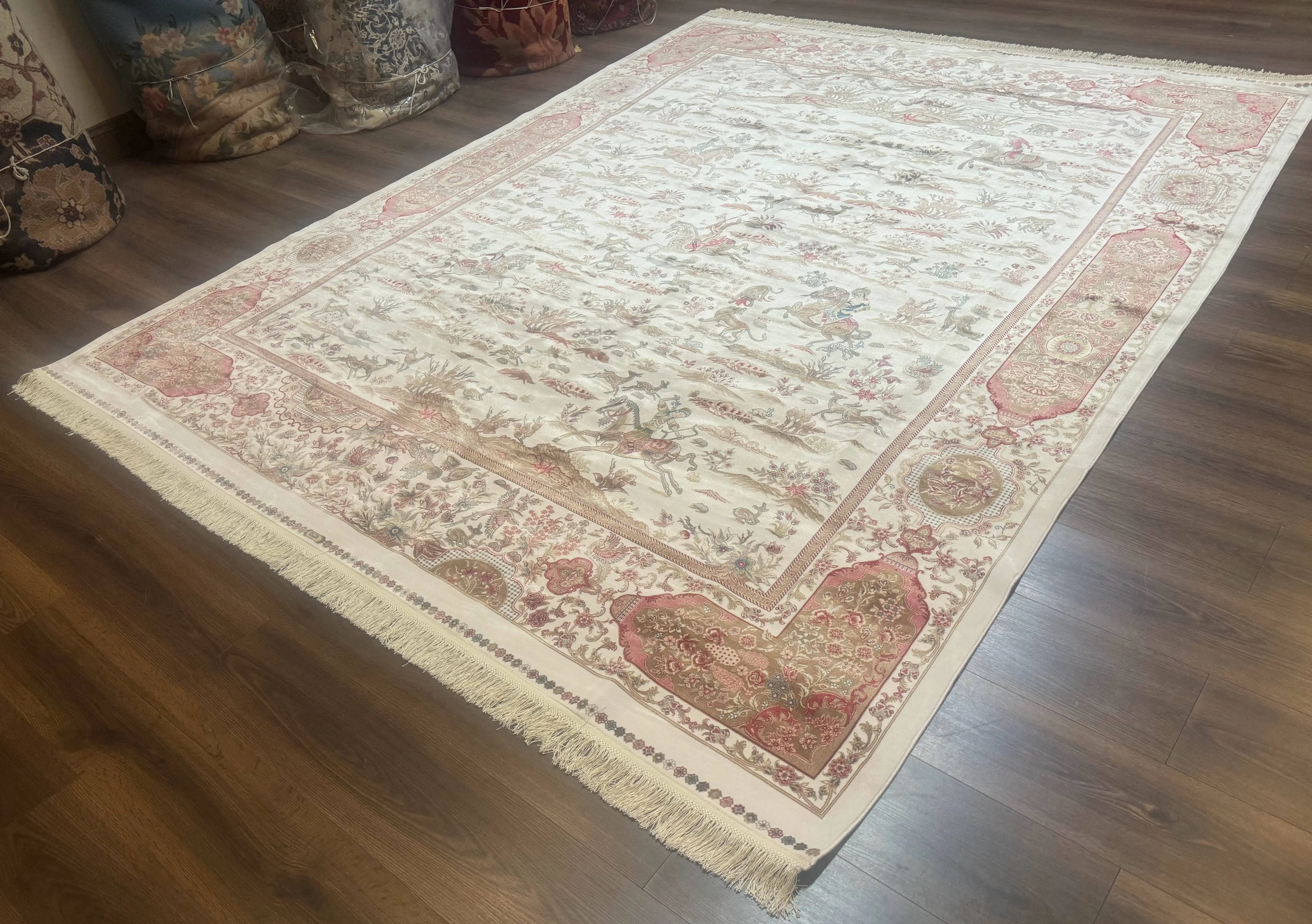 Large Turkish Silk Rug 8x10, Ivory, Hunting Design, Bamboo Silk, New - Image 2