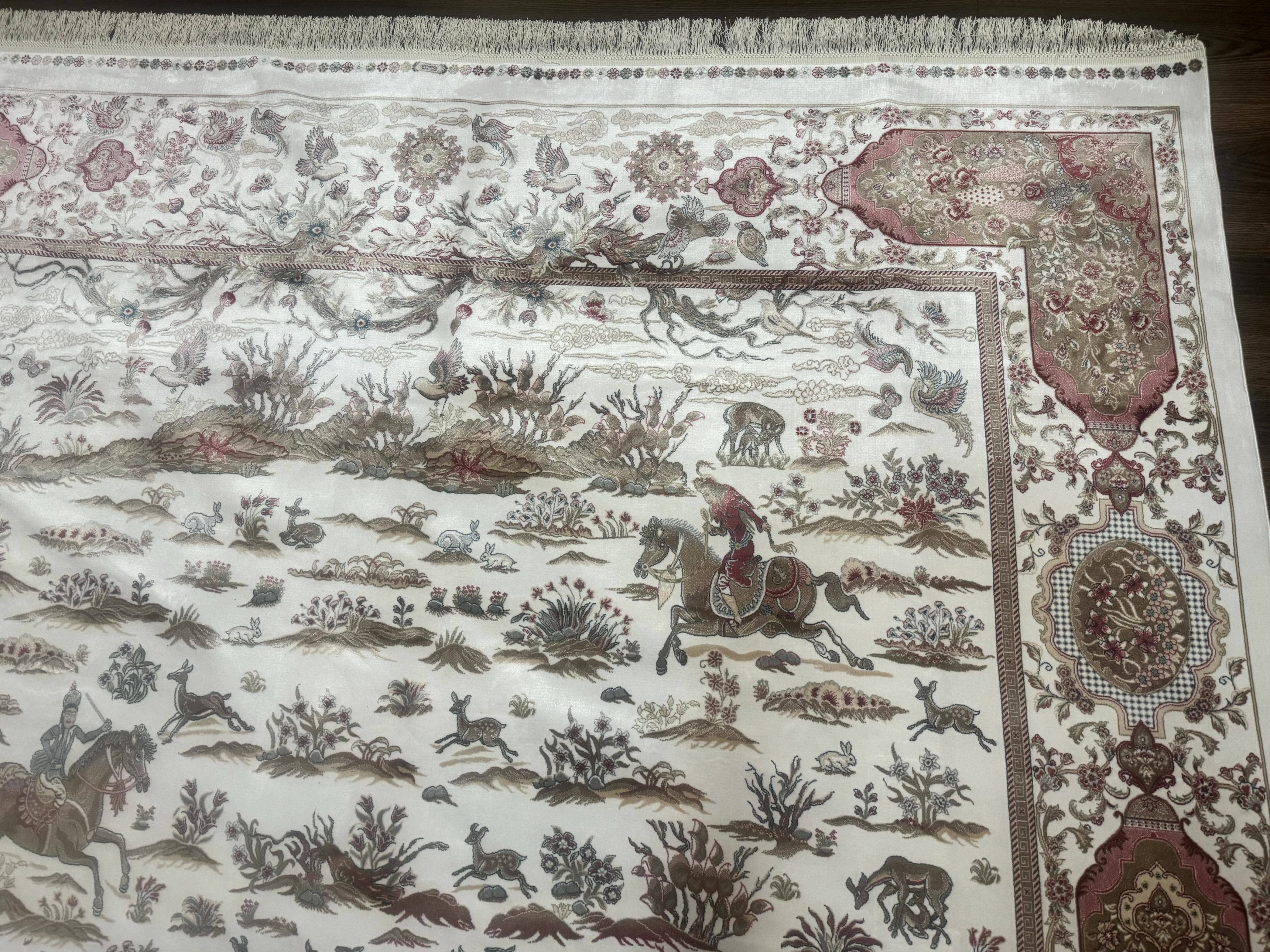 Large Turkish Silk Rug 8x10, Ivory, Hunting Design, Bamboo Silk, New - Image 7