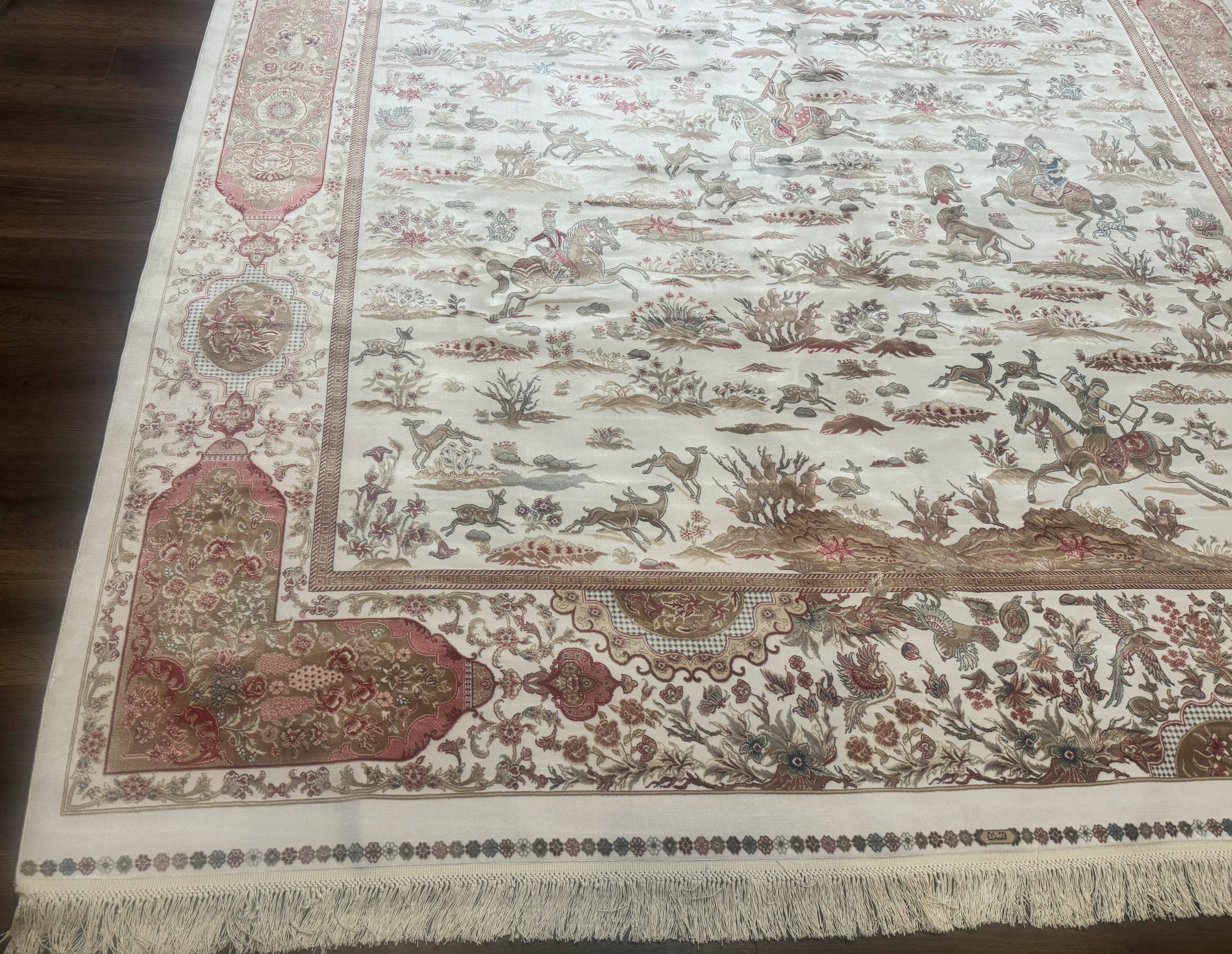 Large Turkish Silk Rug 8x10, Ivory, Hunting Design, Bamboo Silk, New - Image 8
