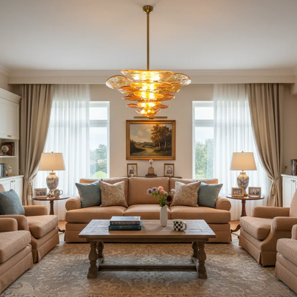 Leaf-Shaped Amber Textured Glass Chandelier - Image 3
