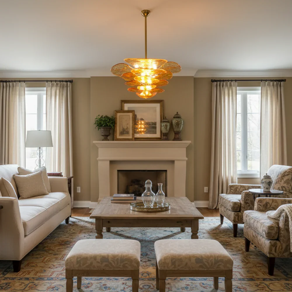 Leaf-Shaped Amber Textured Glass Chandelier - Image 4