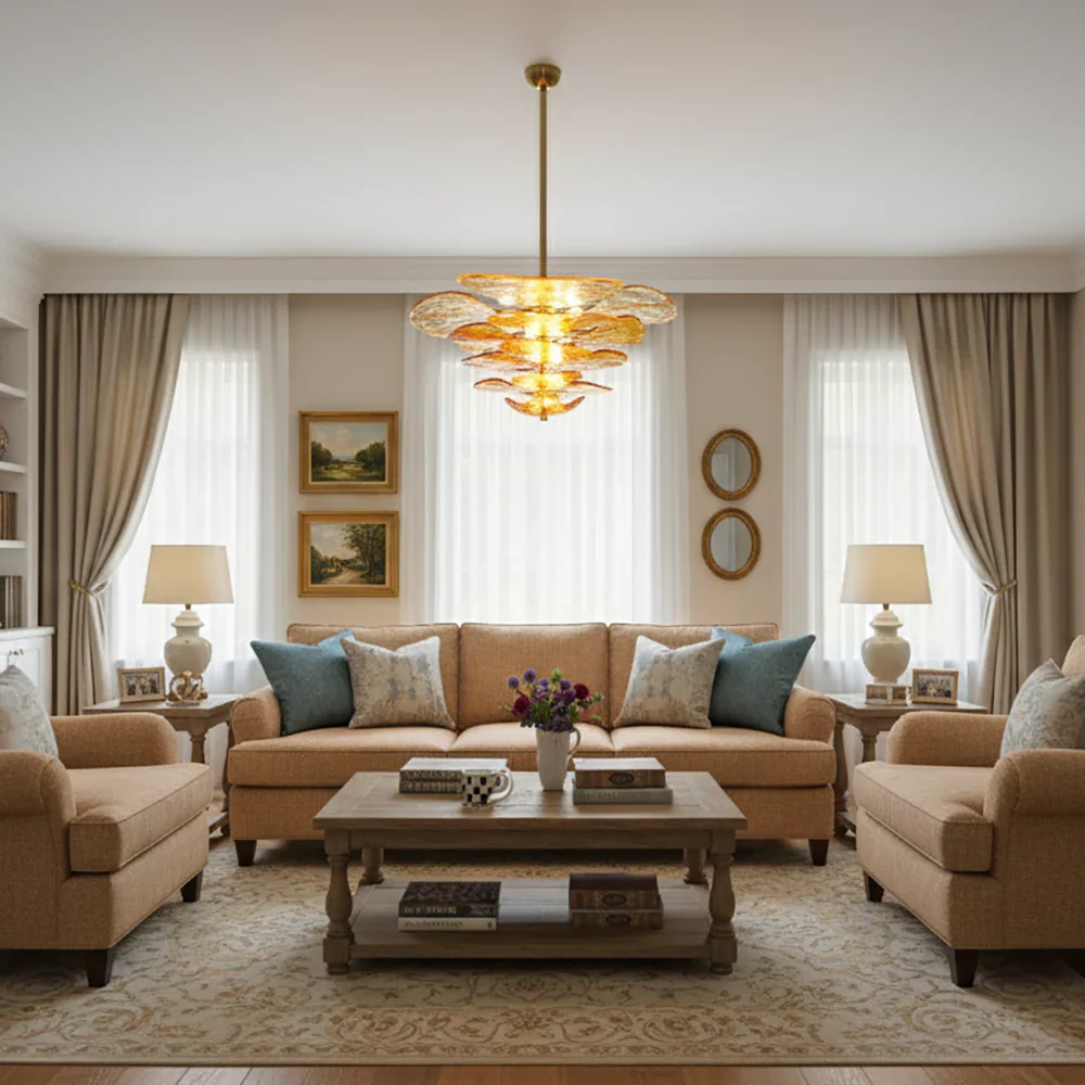 Leaf-Shaped Amber Textured Glass Chandelier - Image 5