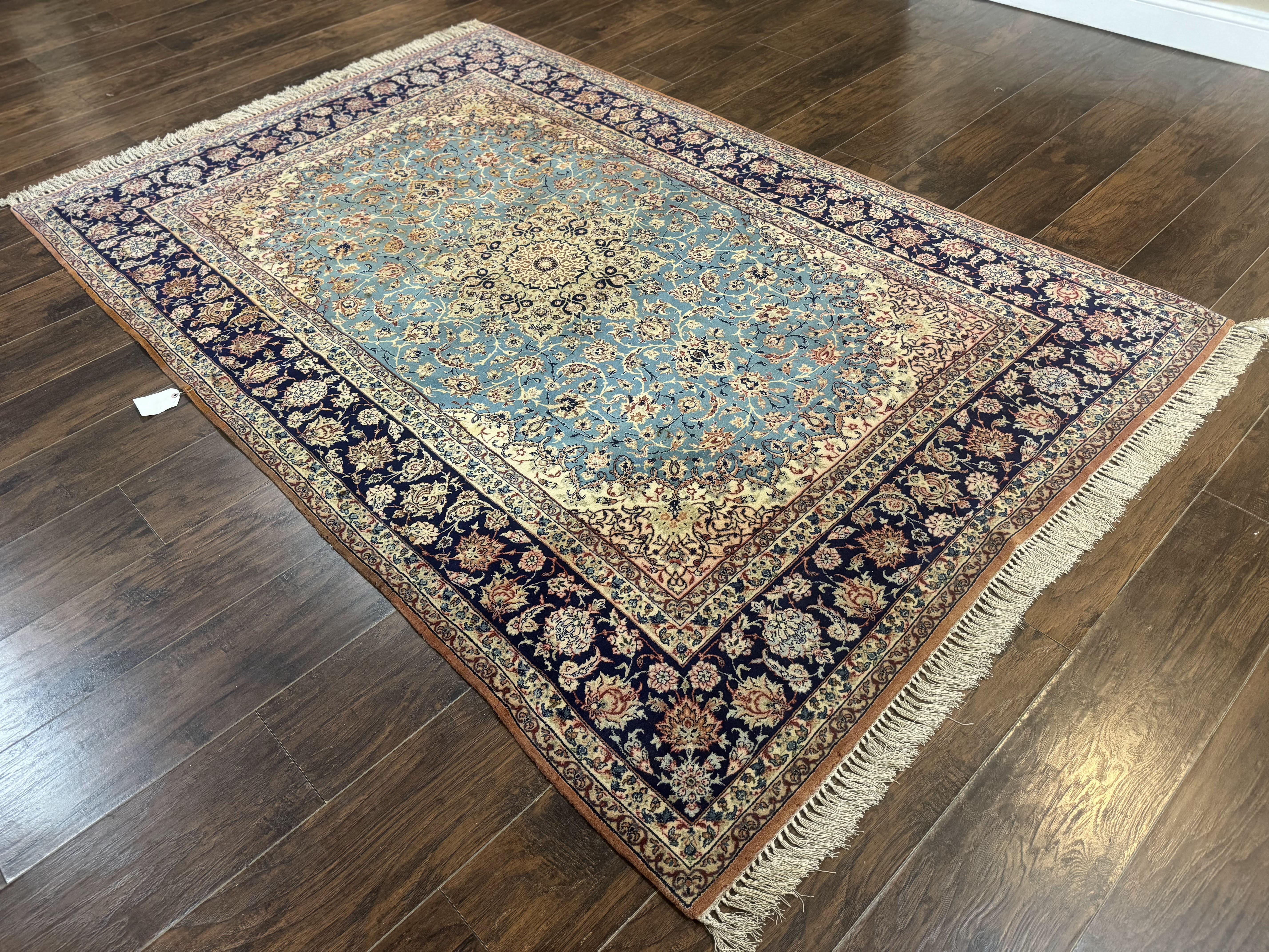 Light Blue Persian Isfahan Rug 5x8, Floral Medallion, Wool on Silk Foundation, Very Fine 530 KPSI, Handmade Carpet - Image 12