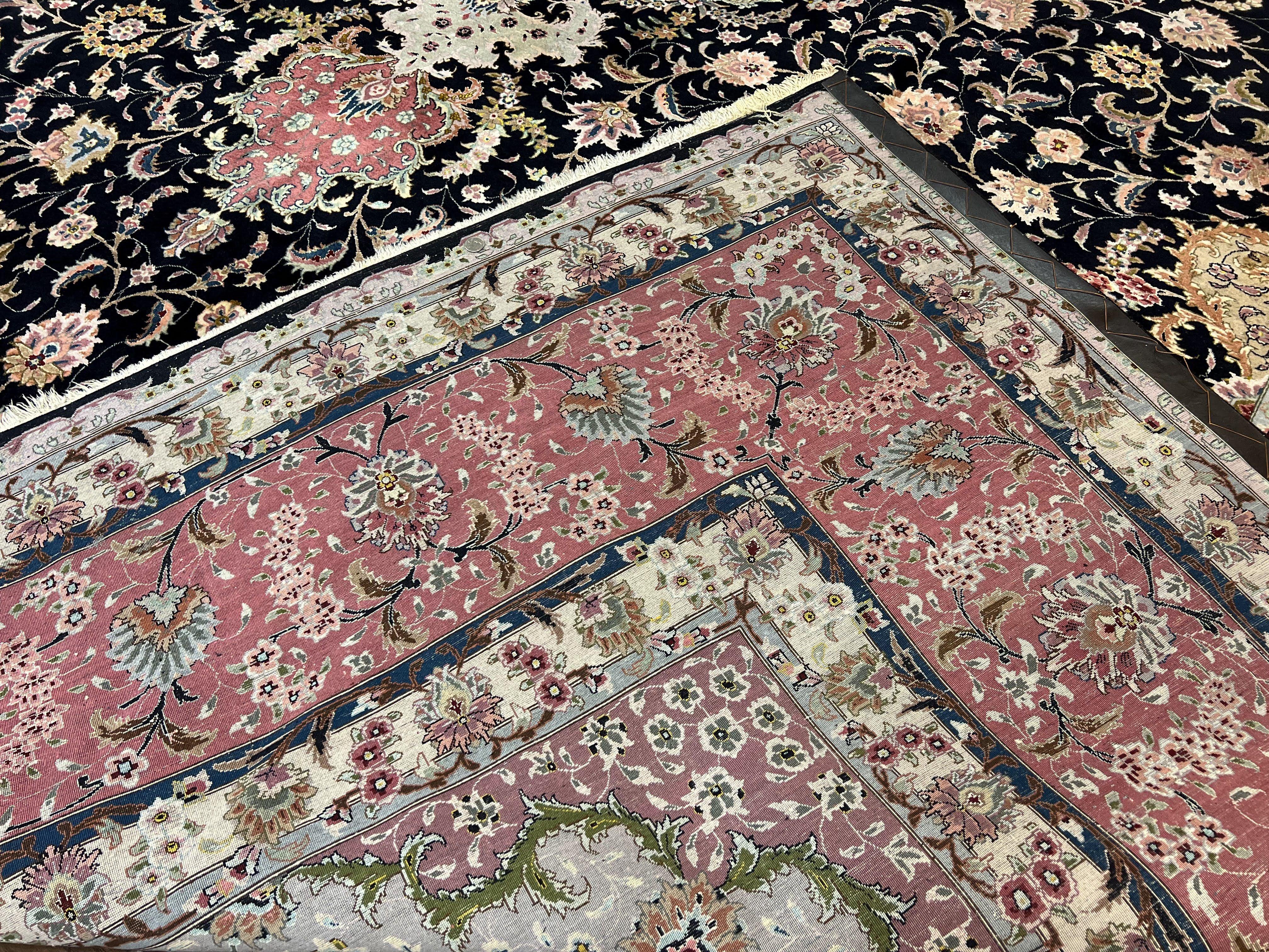 Magnificent Persian Tabriz Rug 11x16, Oversized Persian Carpet 11 x 16 ft, Wool on Silk Finely Hand Knotted, 450 KPSI, Floral Medallion, Black Pink - Image 11