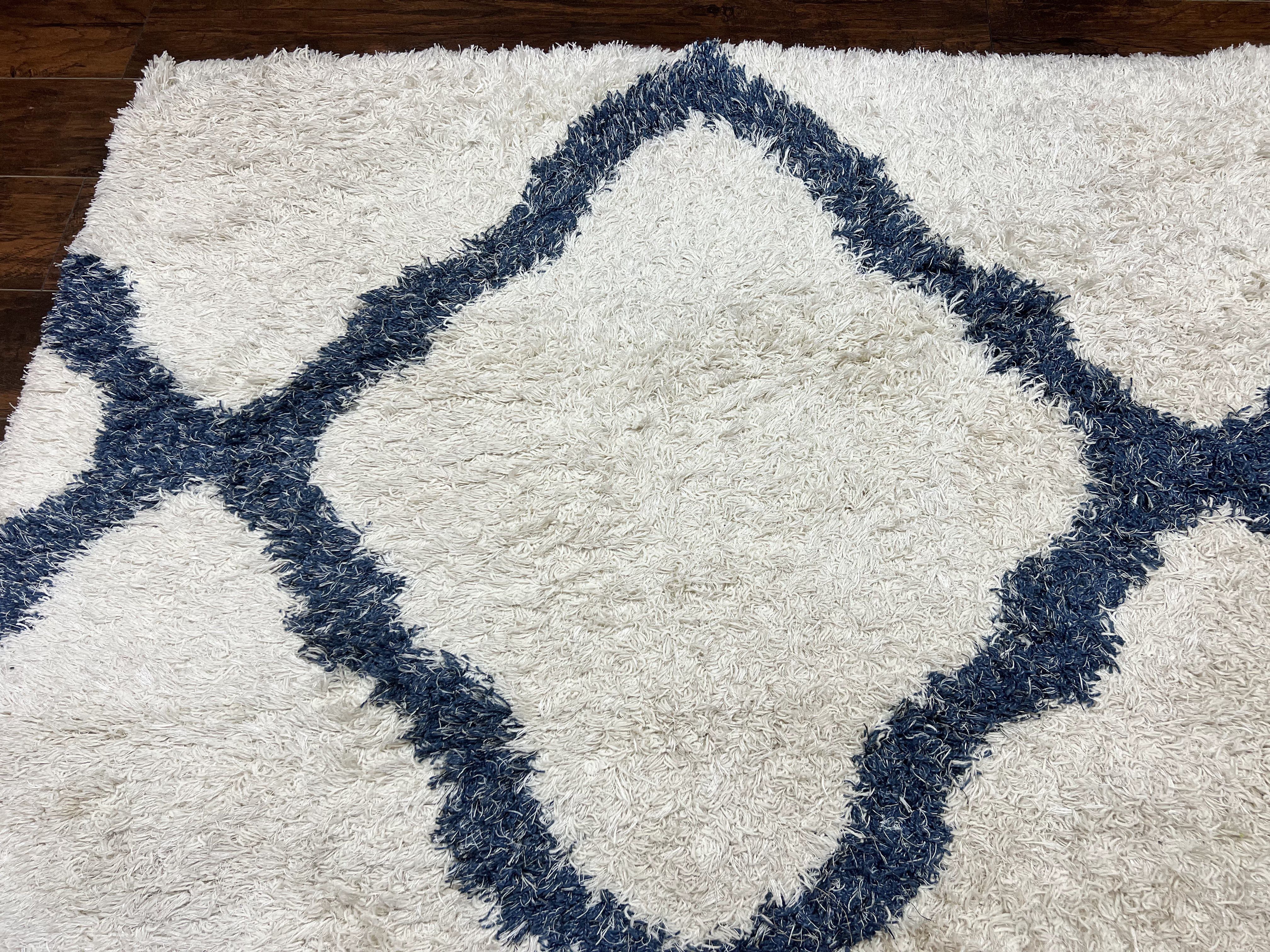 Modern Shag Rug 9x12, Ivory and Dark Blue, Diamond Pattern, Soft, Room Sized, Contemporary Rug, Plush - Image 6