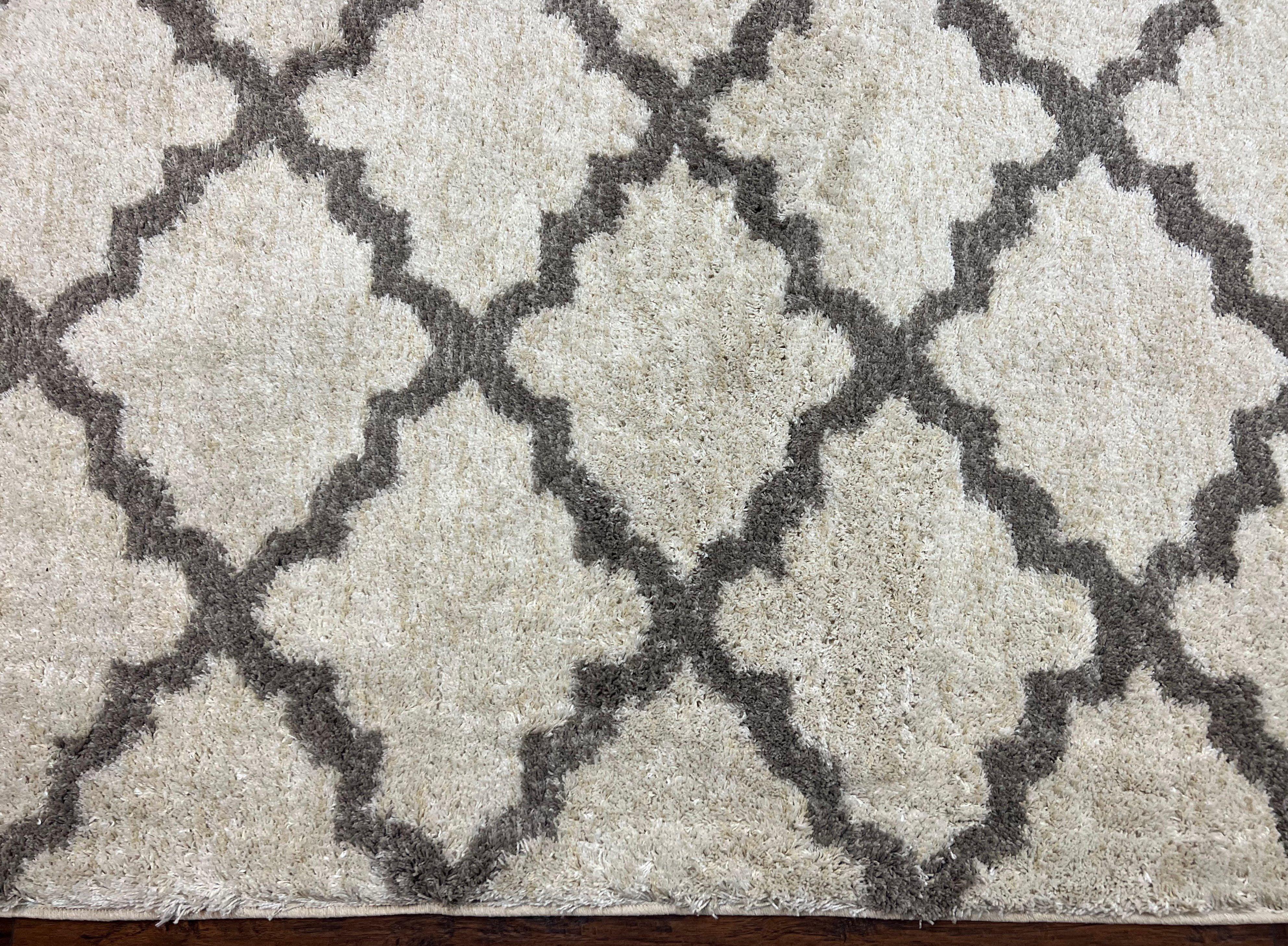 Modern Shag Rug, Ivory and Gray, Diamond Panel Design, Room Sized Area Rug - Image 4