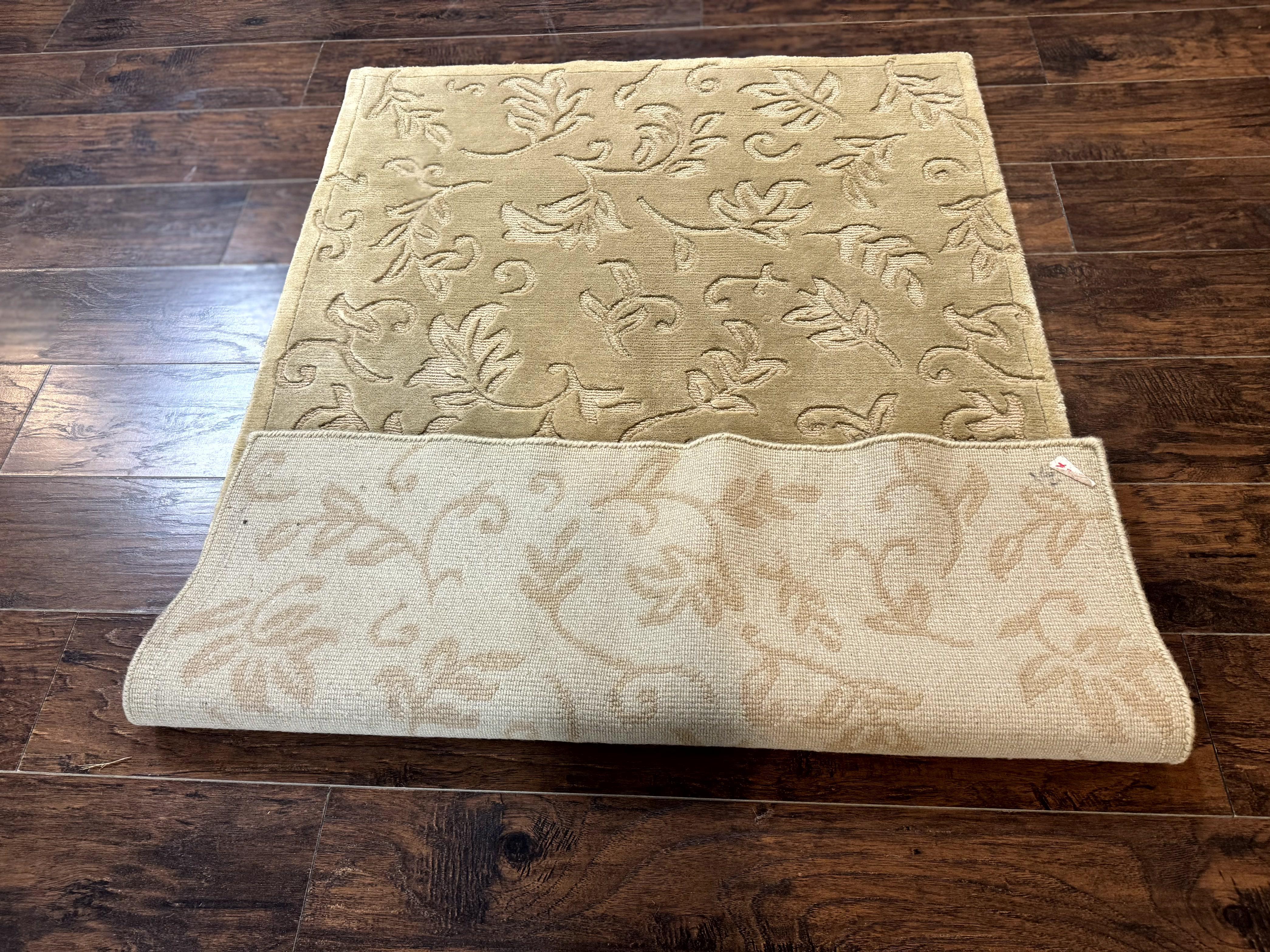 Modern Tibetan Rug 3.7 x 5.5, Carved Floral Design, Wool and Silk Highlights - Image 11