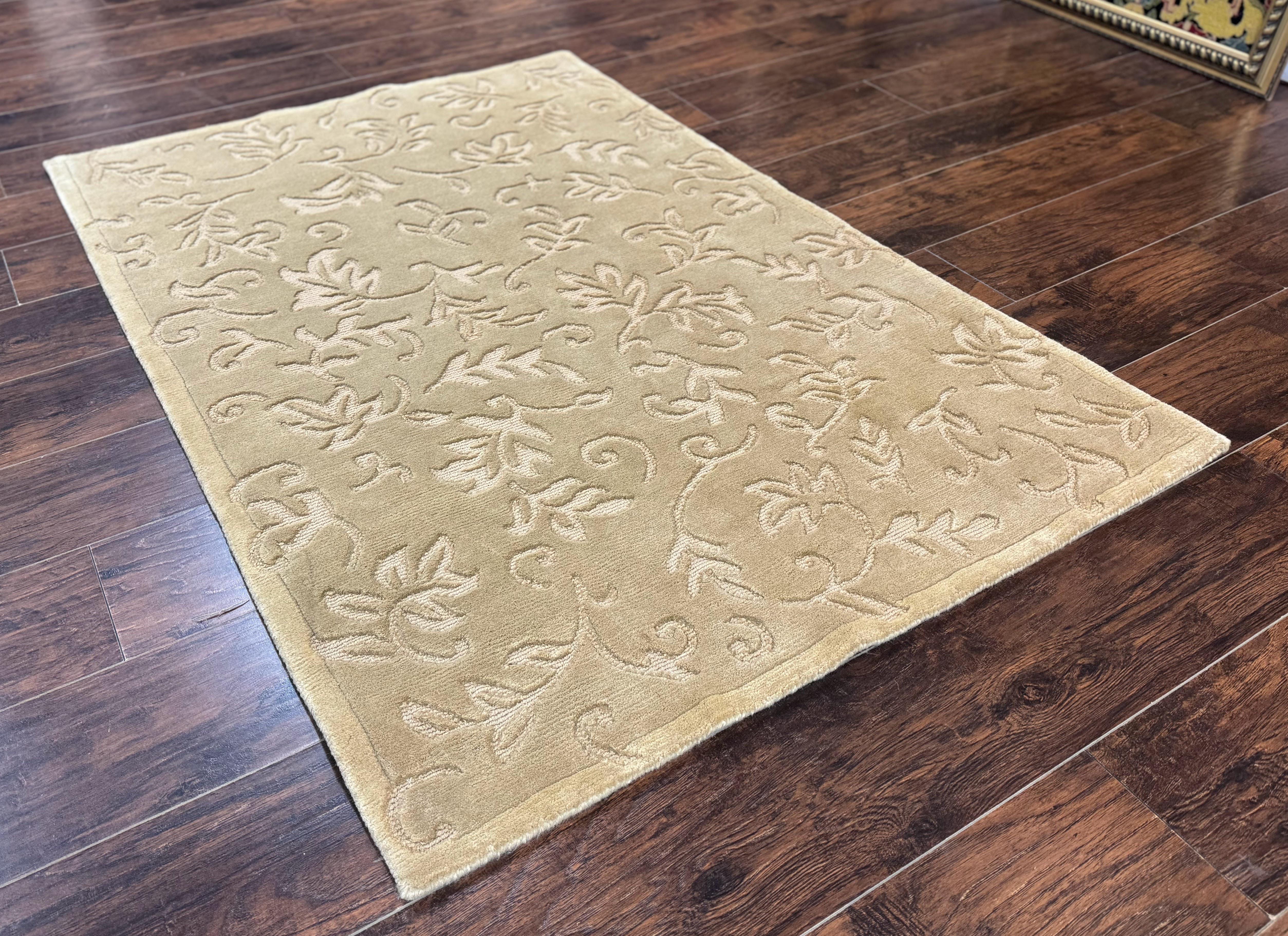 Modern Tibetan Rug 3.7 x 5.5, Carved Floral Design, Wool and Silk Highlights - Image 12