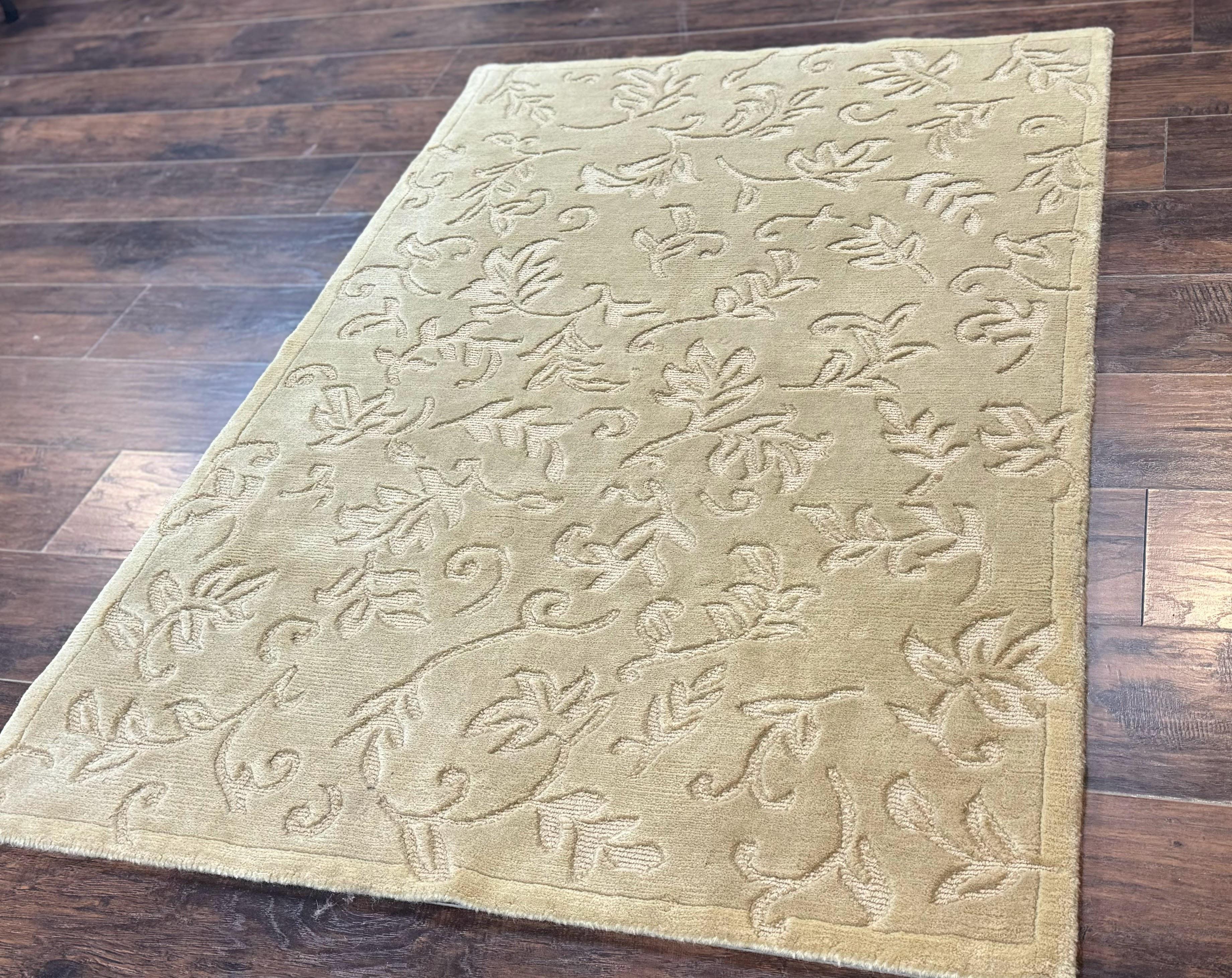Modern Tibetan Rug 3.7 x 5.5, Carved Floral Design, Wool and Silk Highlights - Image 2