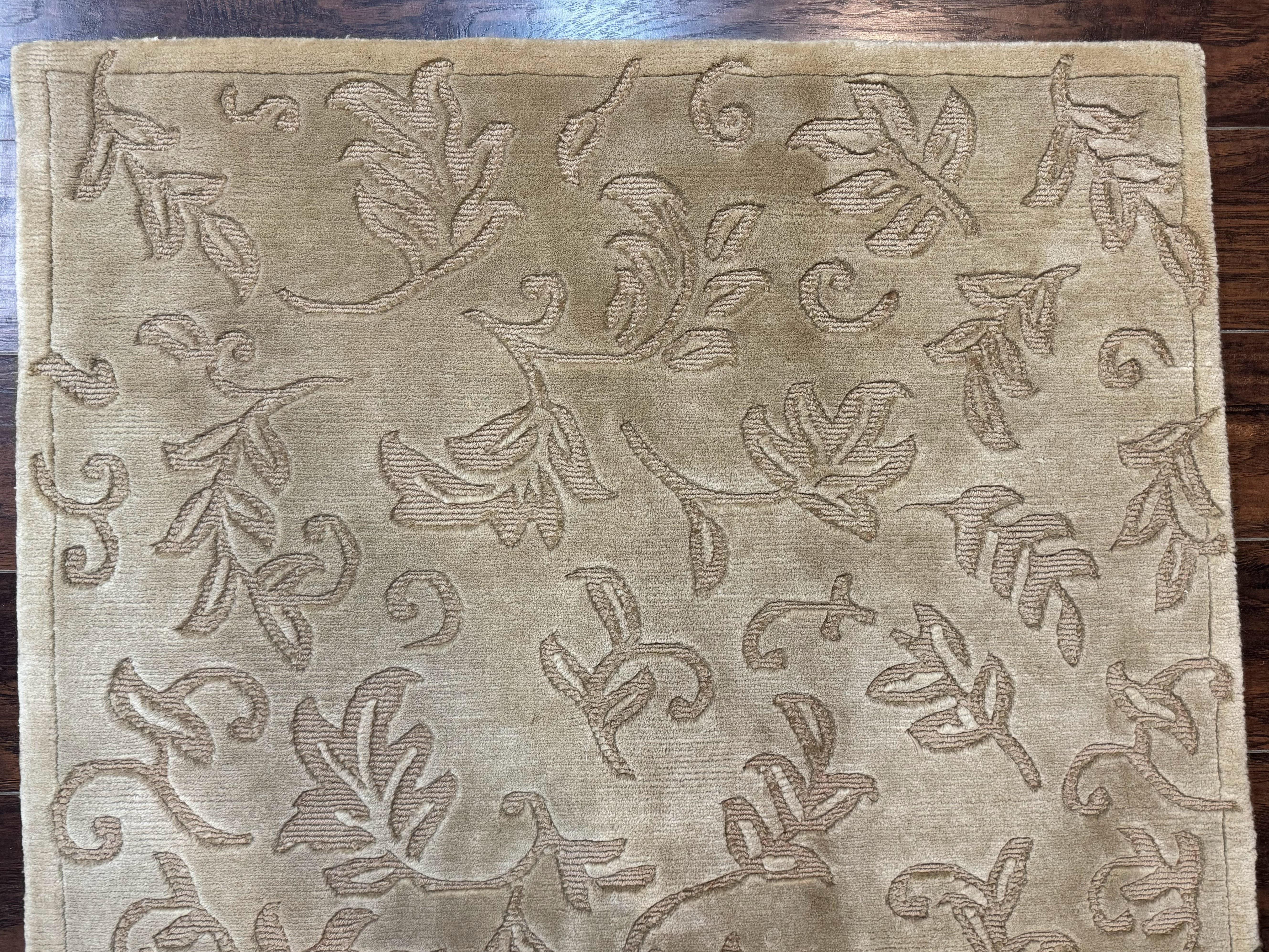 Modern Tibetan Rug 3.7 x 5.5, Carved Floral Design, Wool and Silk Highlights - Image 3