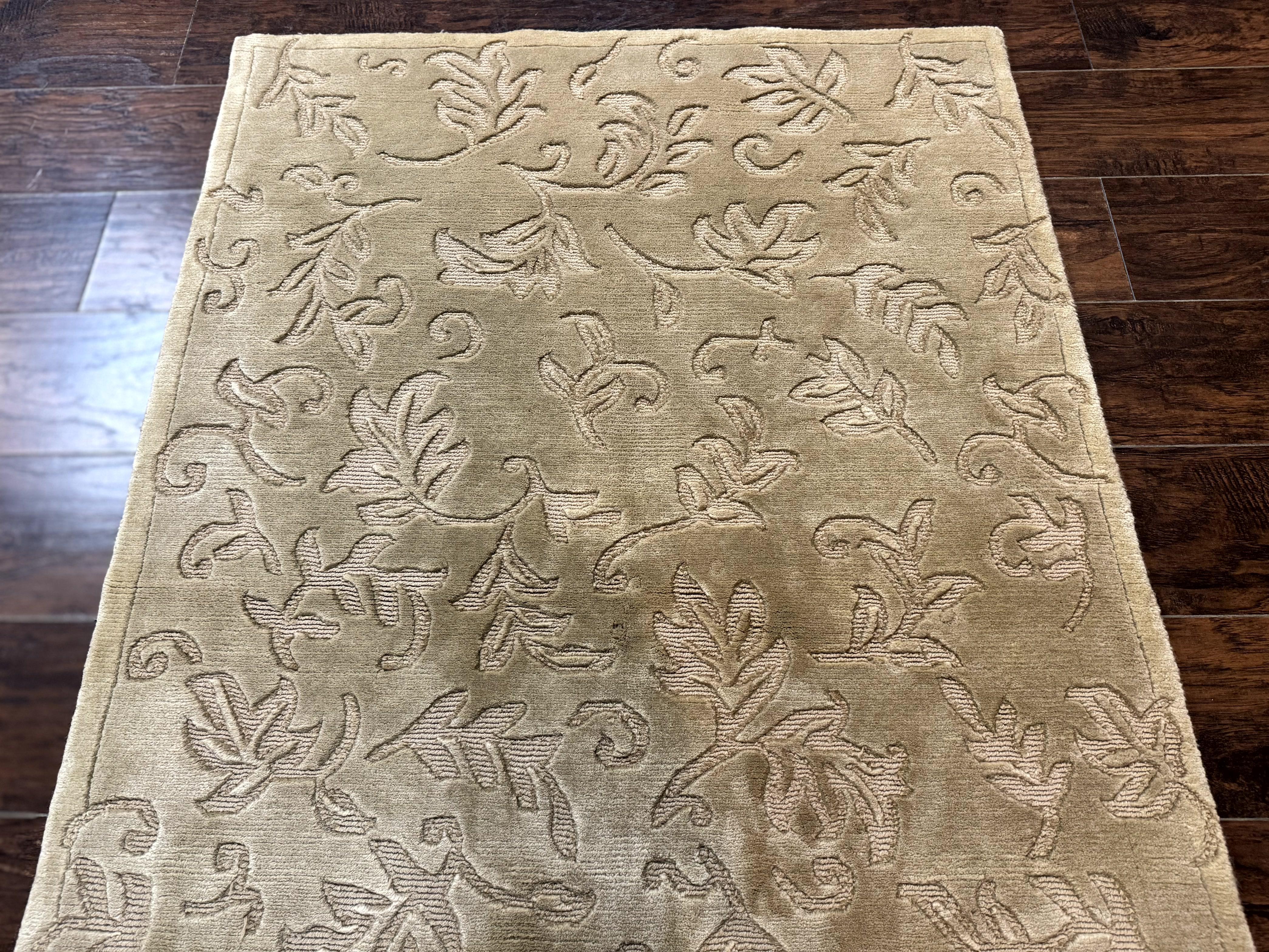 Modern Tibetan Rug 3.7 x 5.5, Carved Floral Design, Wool and Silk Highlights - Image 4