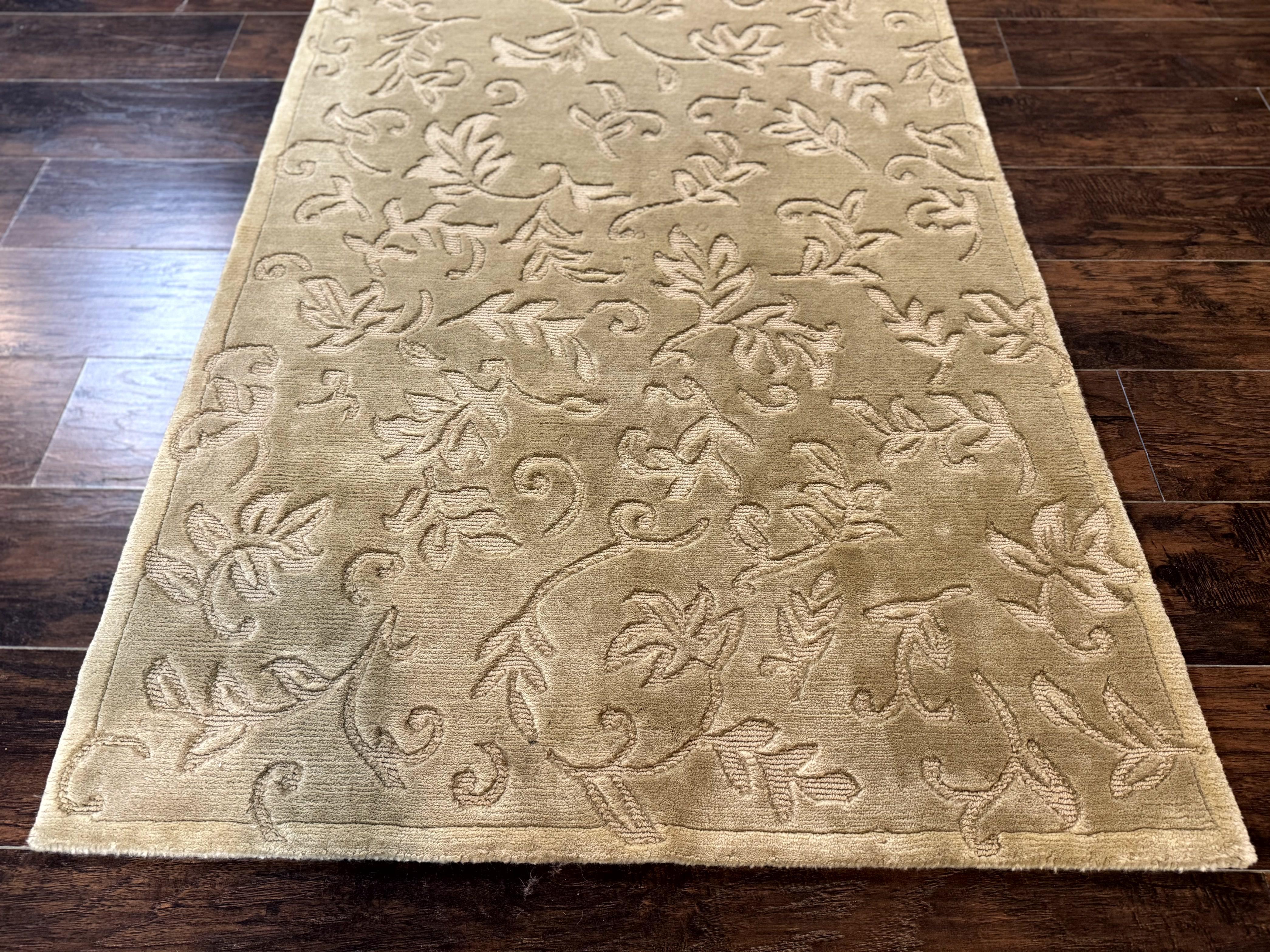 Modern Tibetan Rug 3.7 x 5.5, Carved Floral Design, Wool and Silk Highlights - Image 5