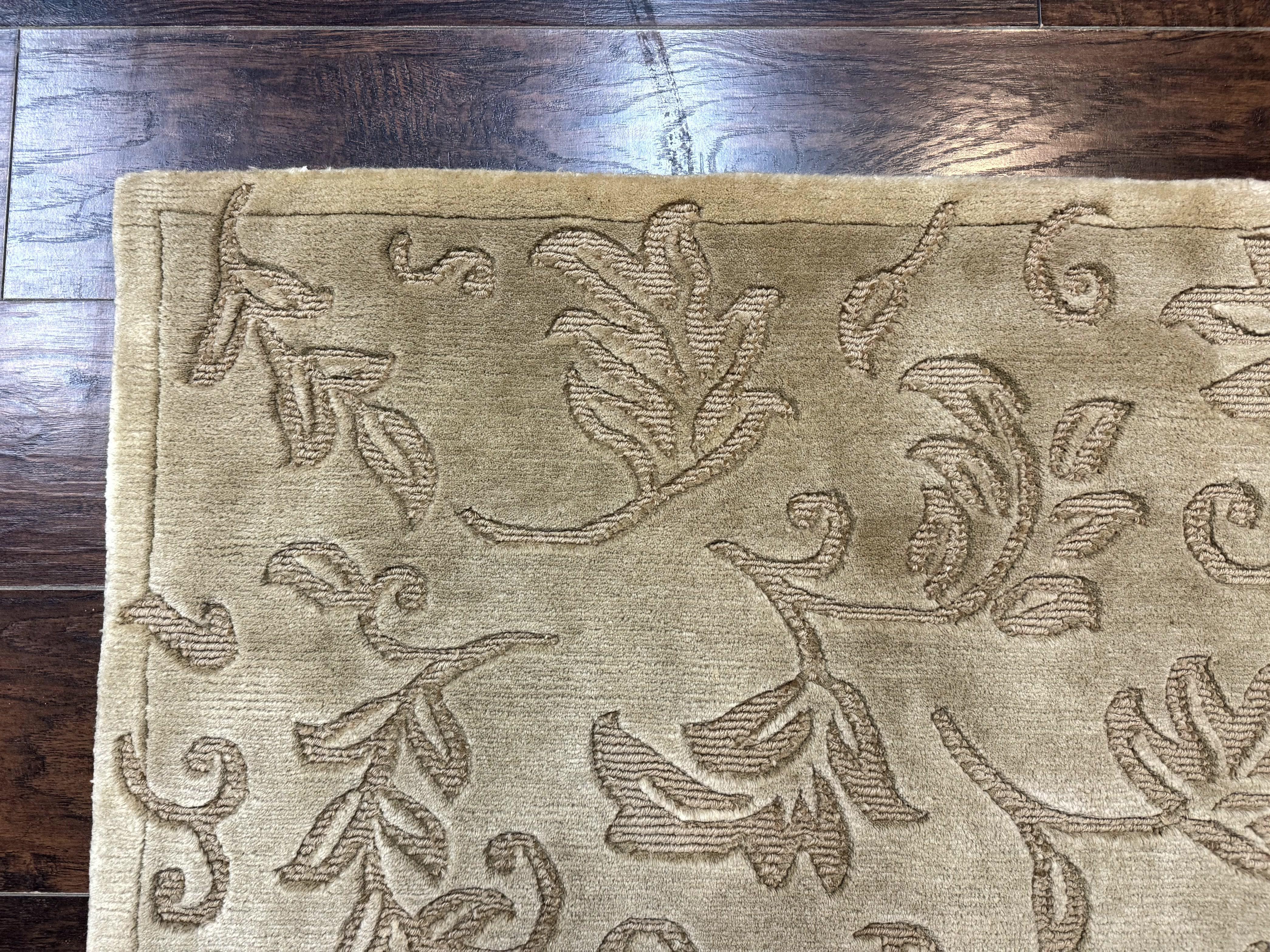 Modern Tibetan Rug 3.7 x 5.5, Carved Floral Design, Wool and Silk Highlights - Image 6