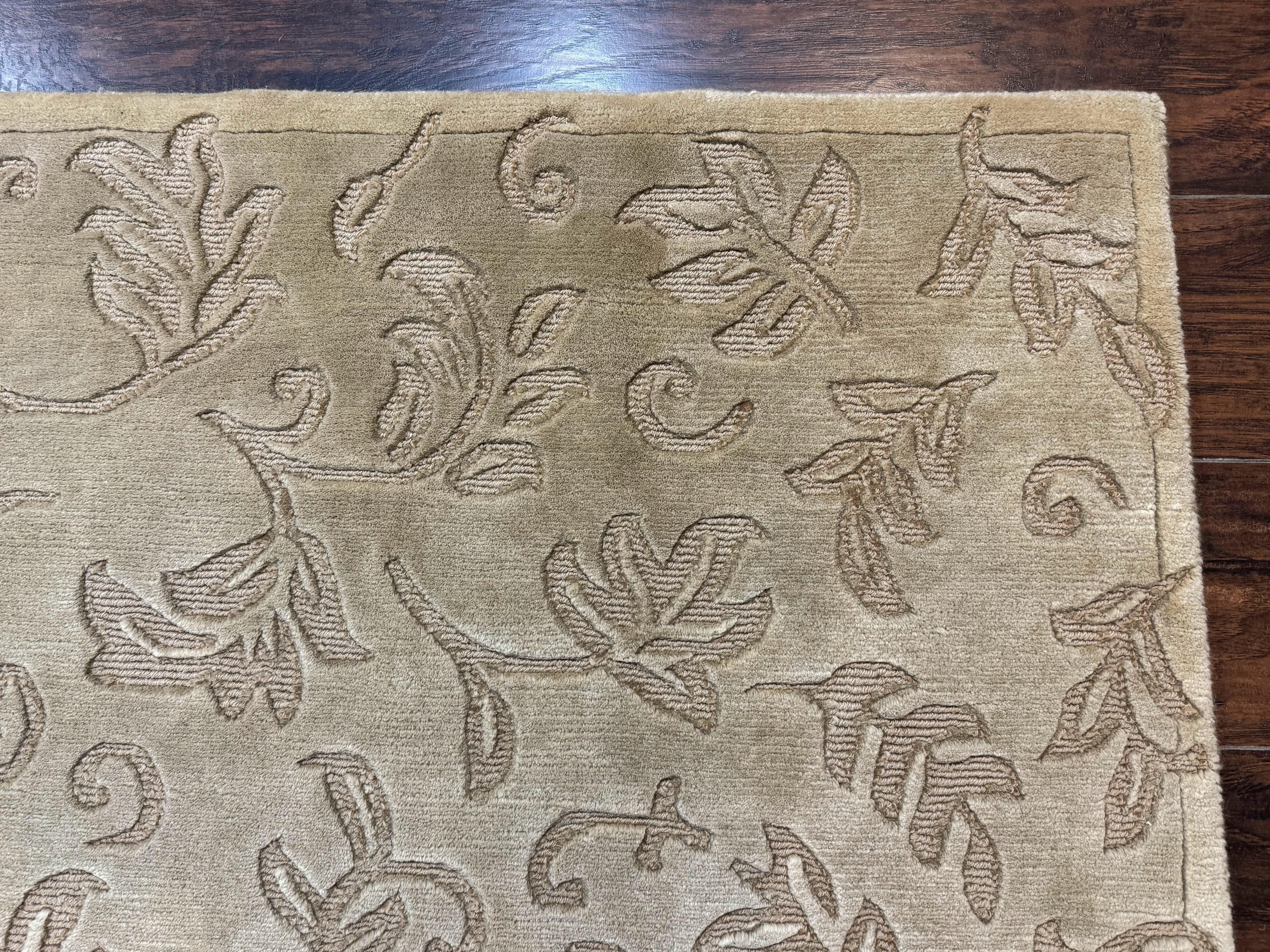 Modern Tibetan Rug 3.7 x 5.5, Carved Floral Design, Wool and Silk Highlights - Image 7