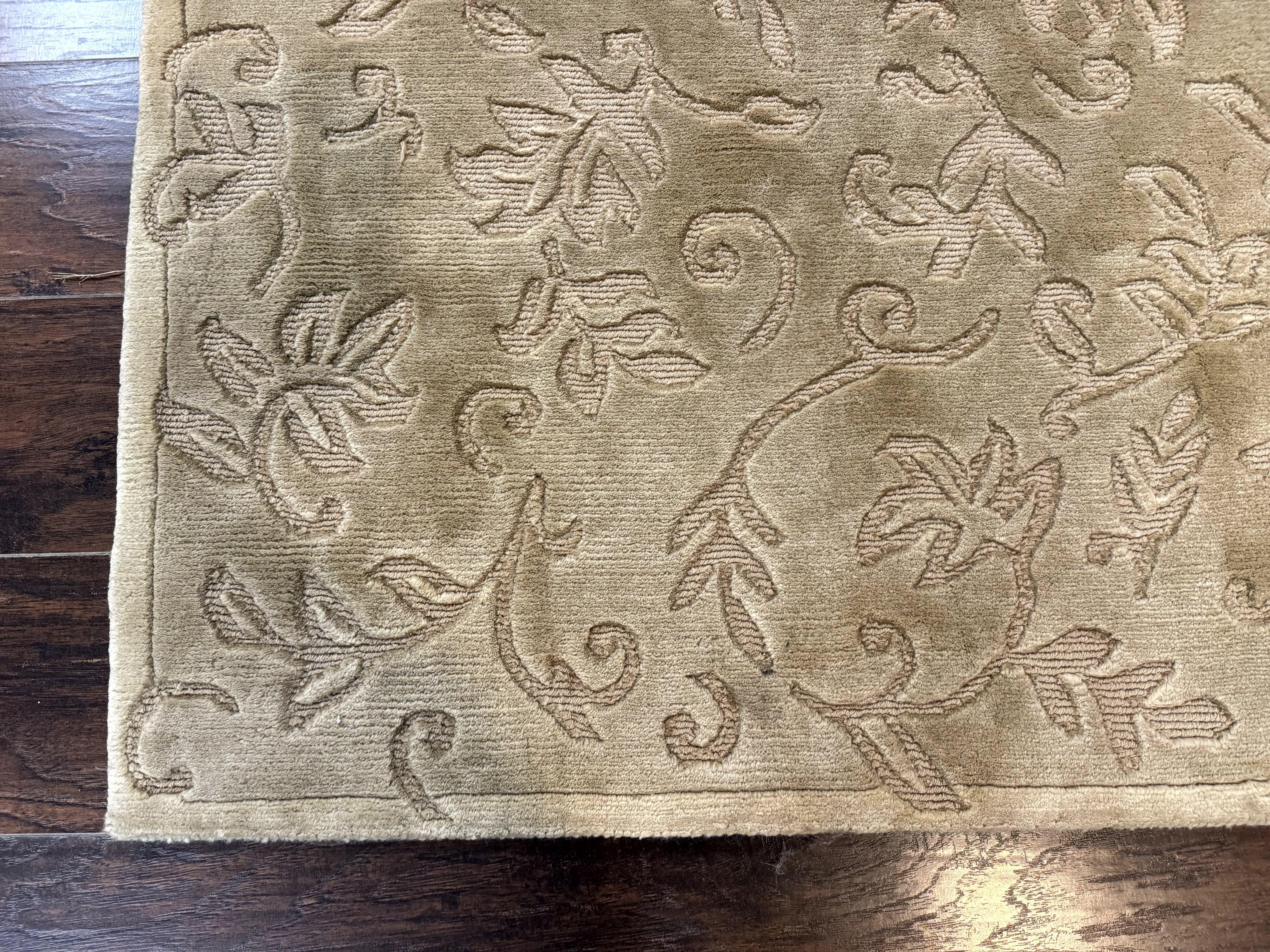 Modern Tibetan Rug 3.7 x 5.5, Carved Floral Design, Wool and Silk Highlights - Image 8