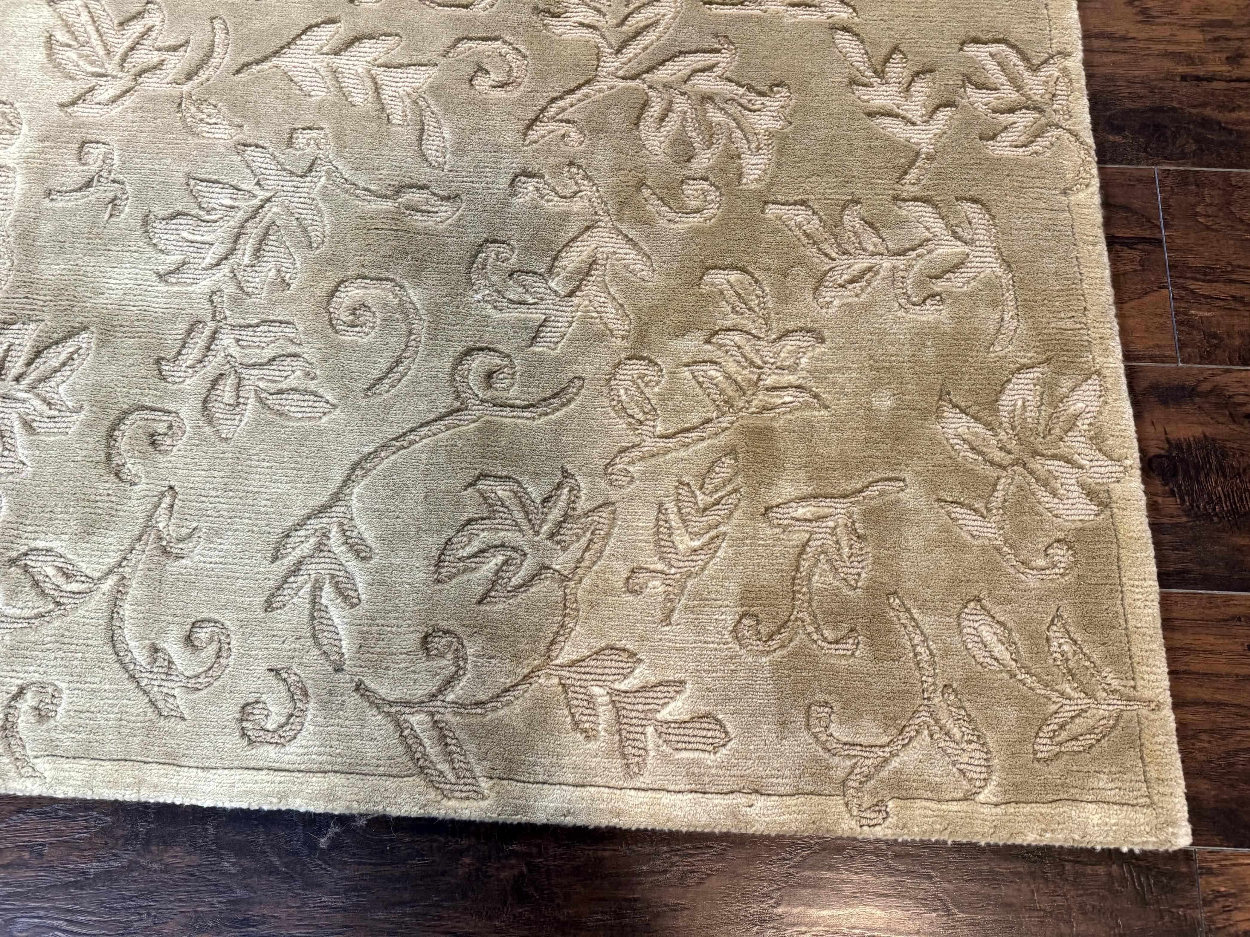 Modern Tibetan Rug 3.7 x 5.5, Carved Floral Design, Wool and Silk Highlights - Image 9