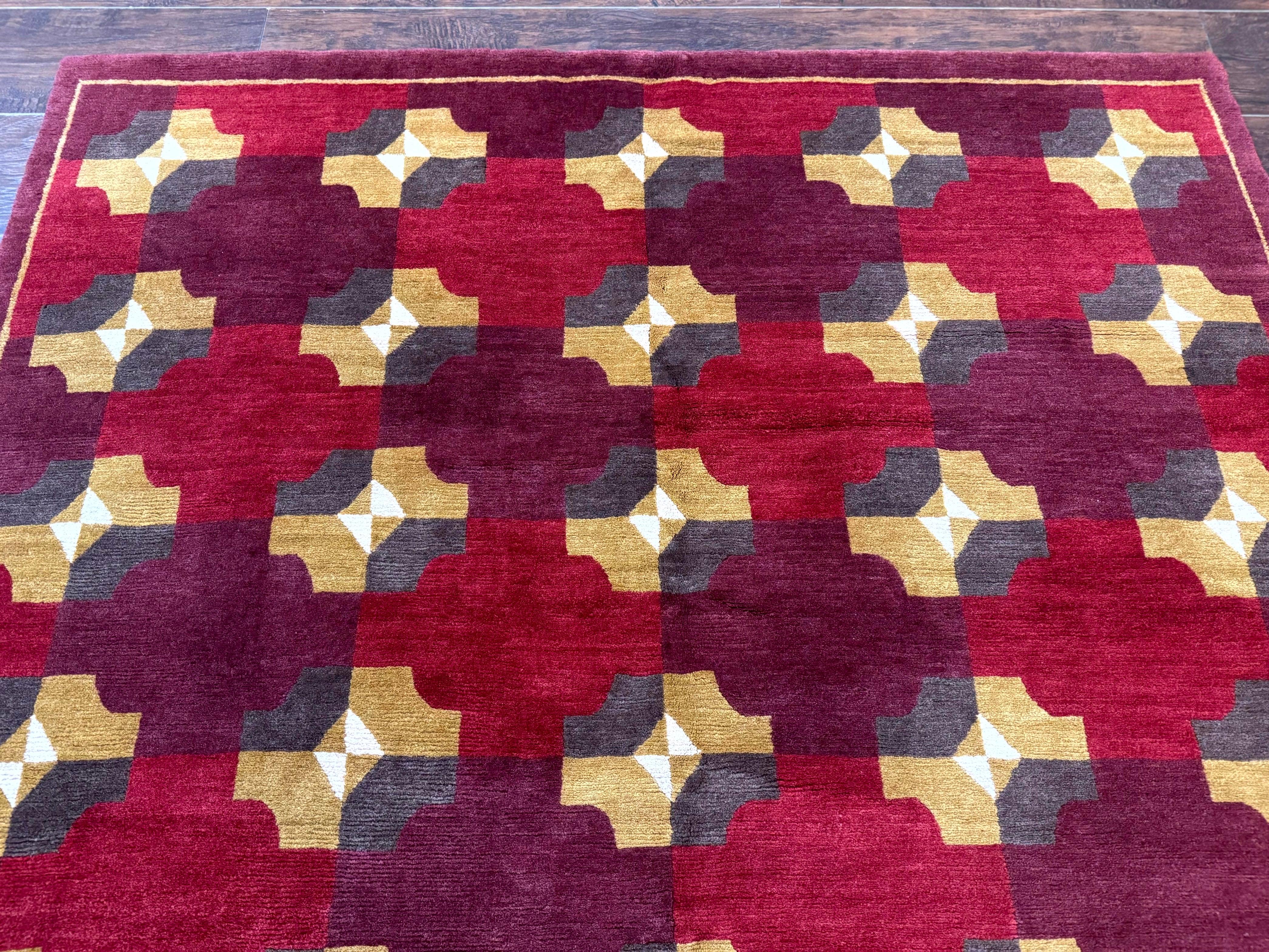 Modern Tibetan Rug 5 x 6.8, Wool, Red, Allover Pattern, Nepali Rug, Abstract Rug, Handmade Area Rug - Image 12
