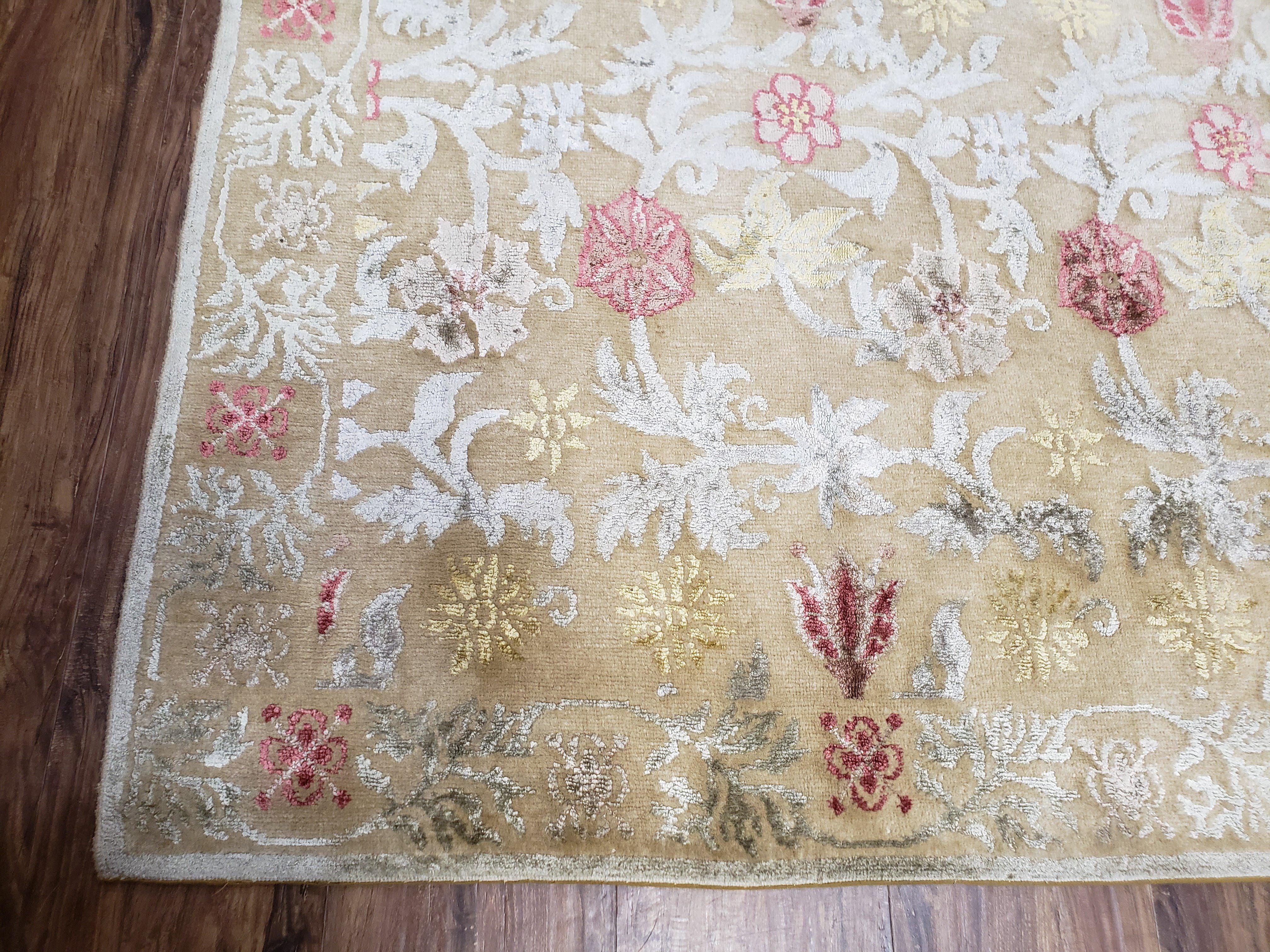 Modern Tibetan Rug 6x9, Wool and Silk Tibetan Rug, Handmade Tibetan Rug, Silk Flowers, Contemporary Rug, Soft Rug, Tibetan Area Rug, Tan - Image 8