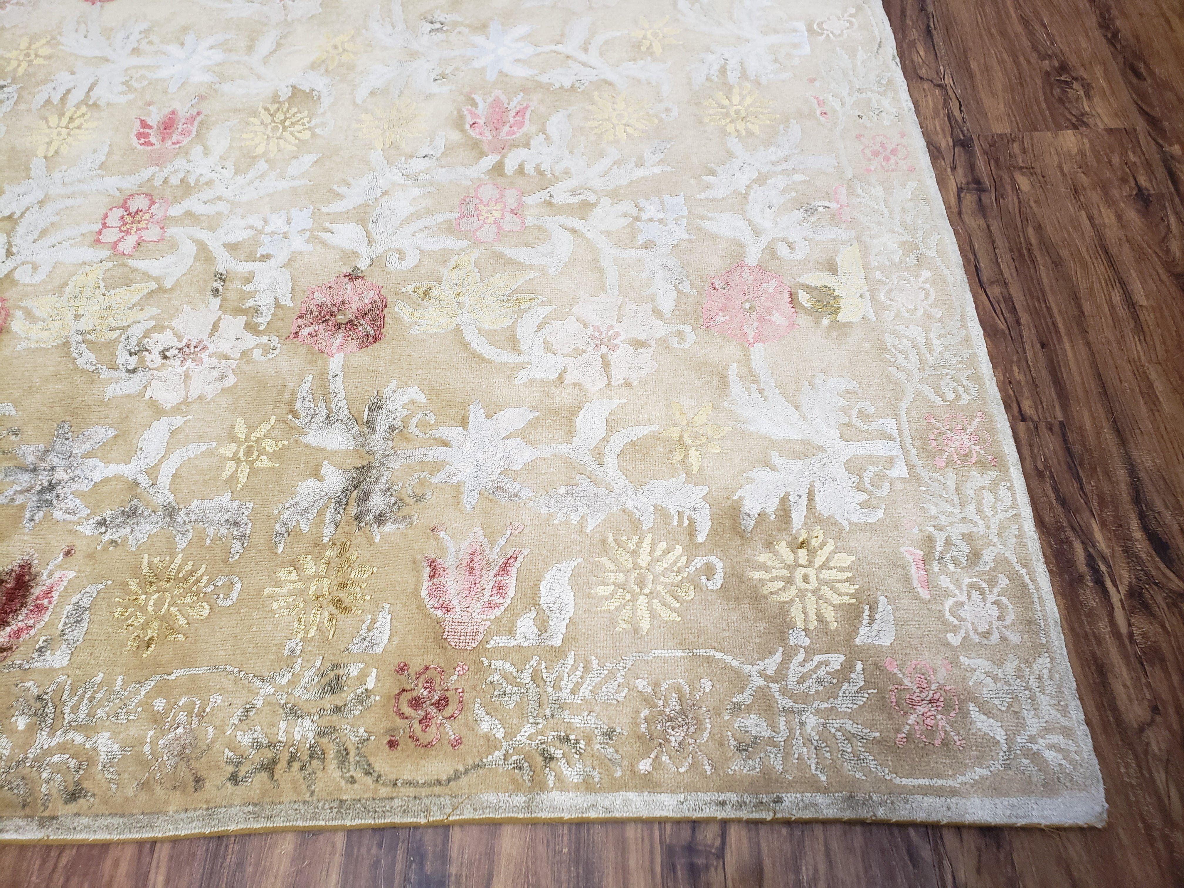 Modern Tibetan Rug 6x9, Wool and Silk Tibetan Rug, Handmade Tibetan Rug, Silk Flowers, Contemporary Rug, Soft Rug, Tibetan Area Rug, Tan - Image 9