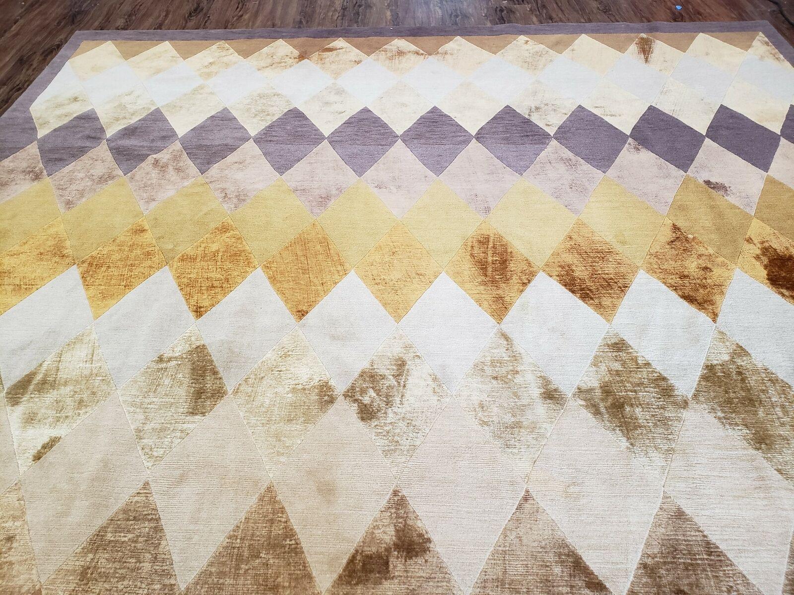 Modern Tibetan Rug 8.6 x 11, Wool and Silk, Multicolor, Diamond Panel Design - Image 3