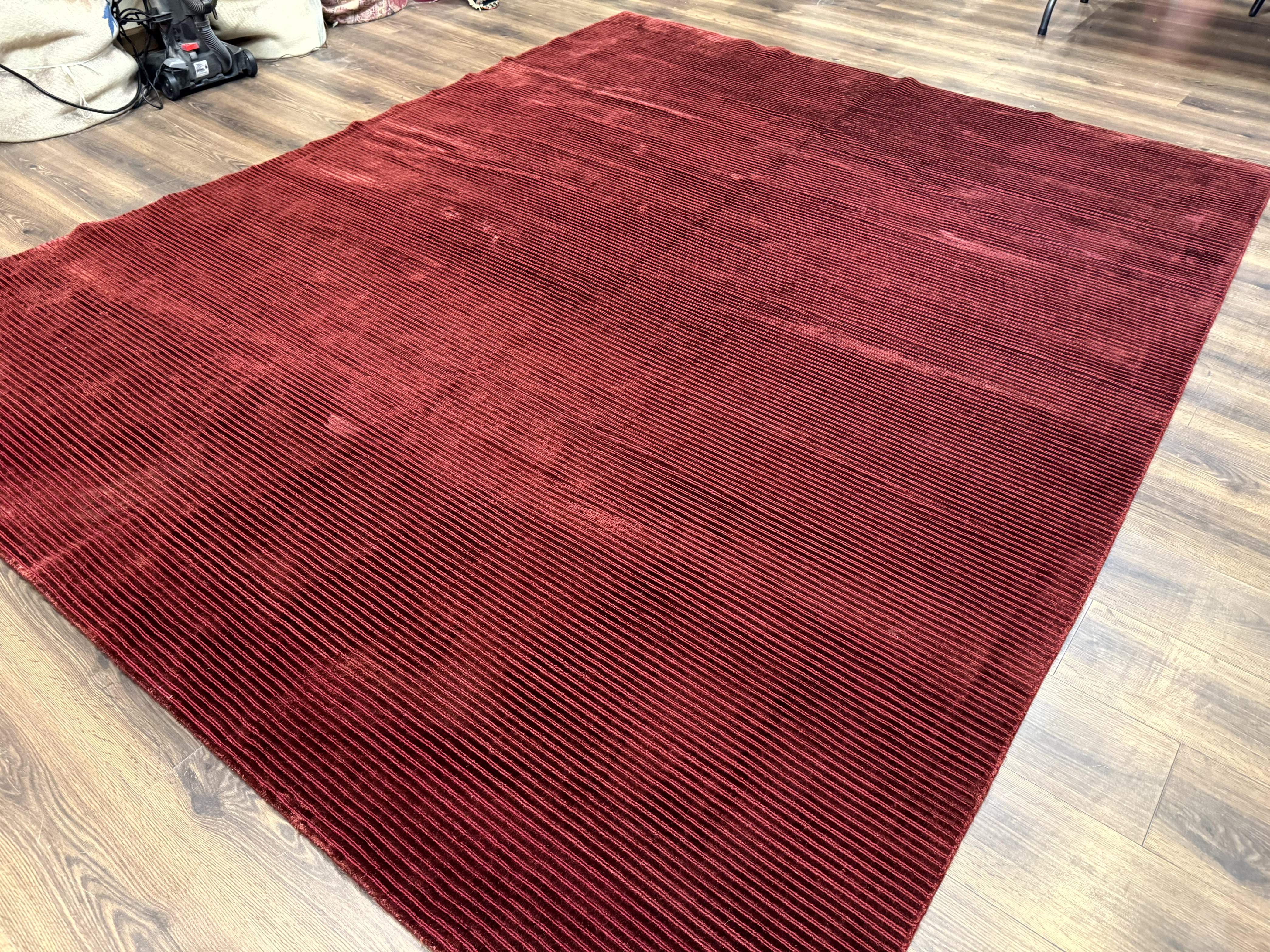 Modern Tibetan Rug 8x10, Red, Stripes, Handmade Wool Thick Pile Carpet - Image 2