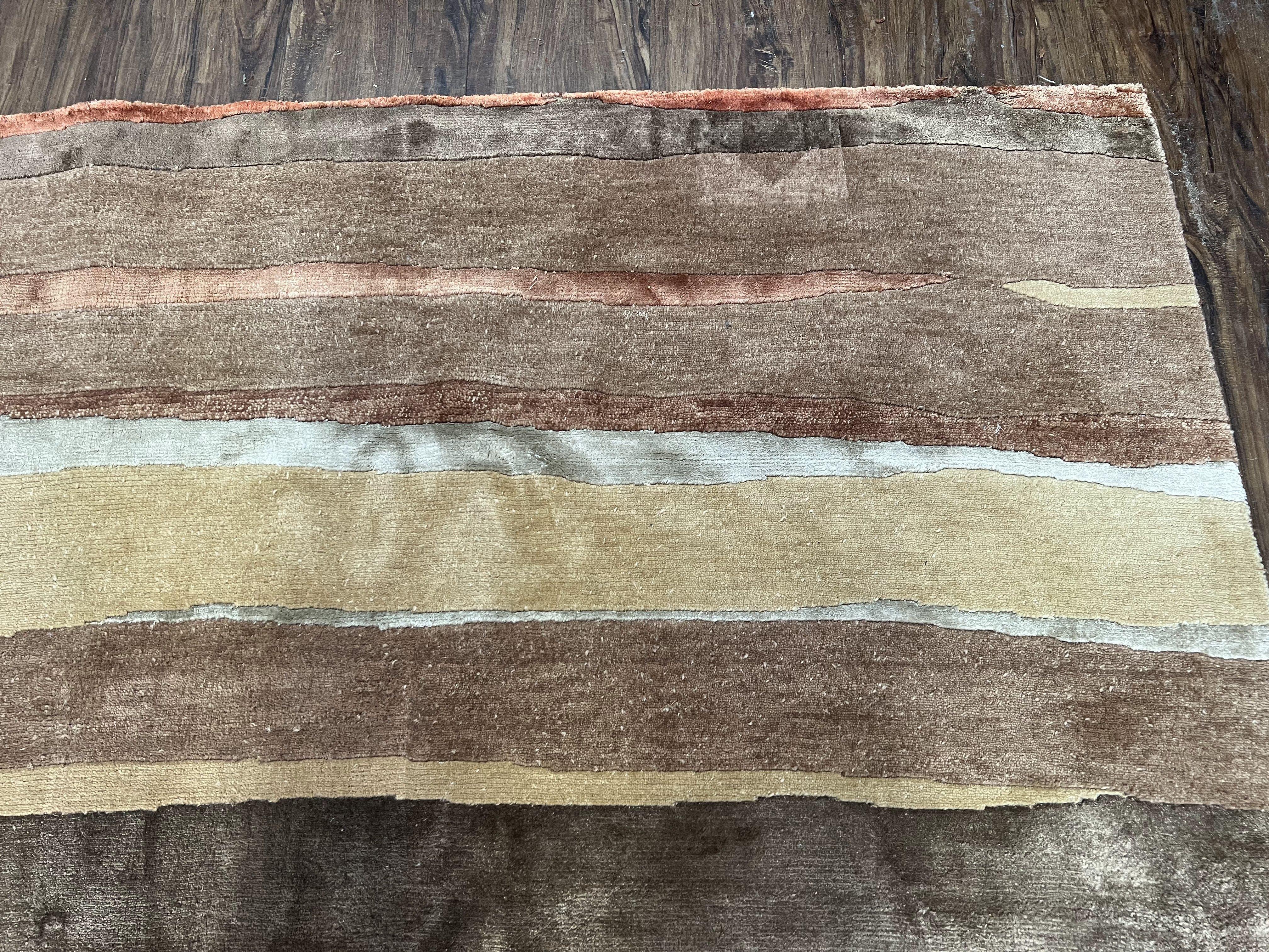 Modern Tibetan Rug 8x11 Nepali Carpet, Shiny Velvely Soft Wool and Silk, Contemporary Hand Knotted Rug, Striped Design, Wool Area Rug 8 x 11 - Image 7