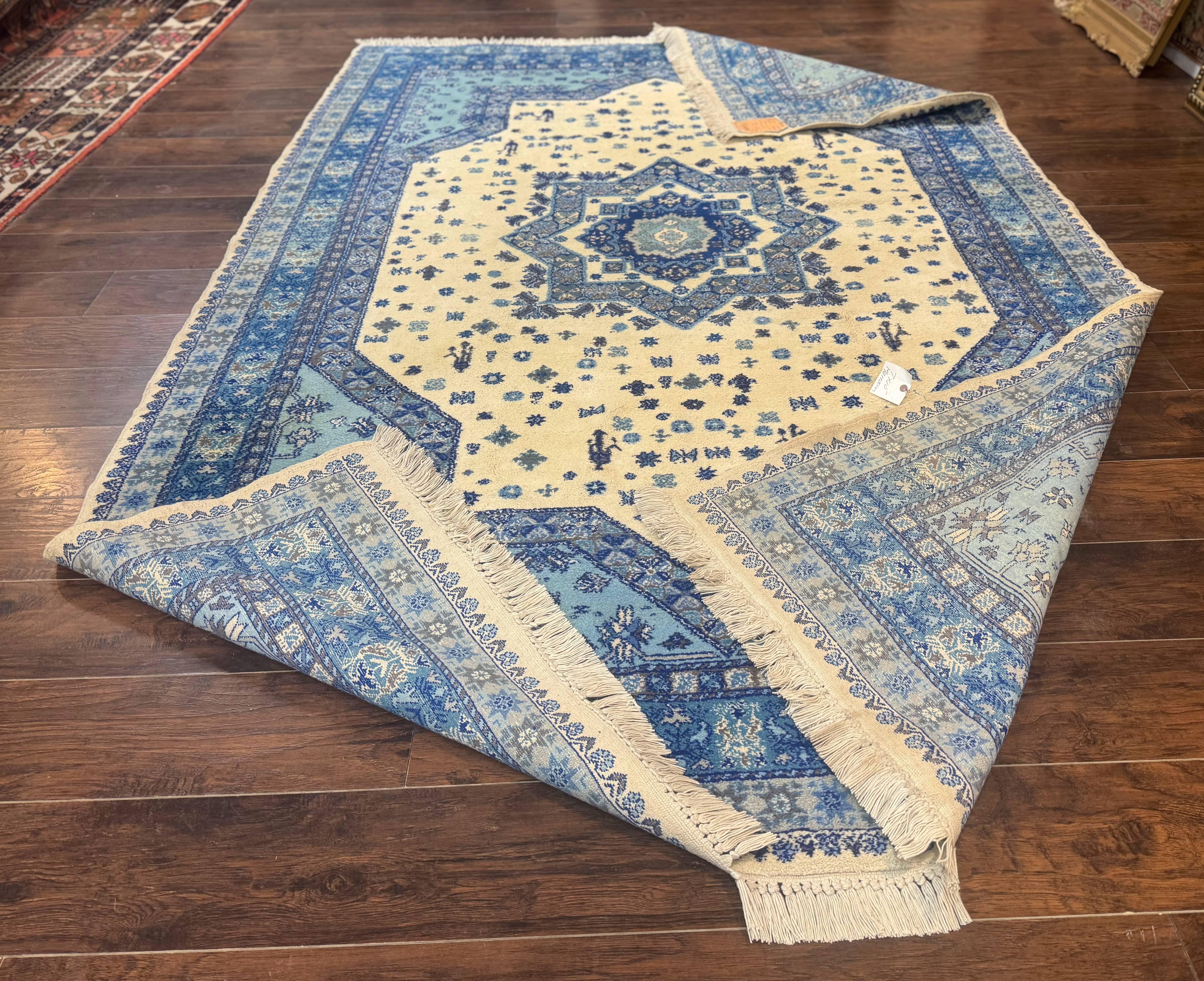 Moroccan Rug 7x10, Geometric Medallion, Blue and Ivory - Image 11
