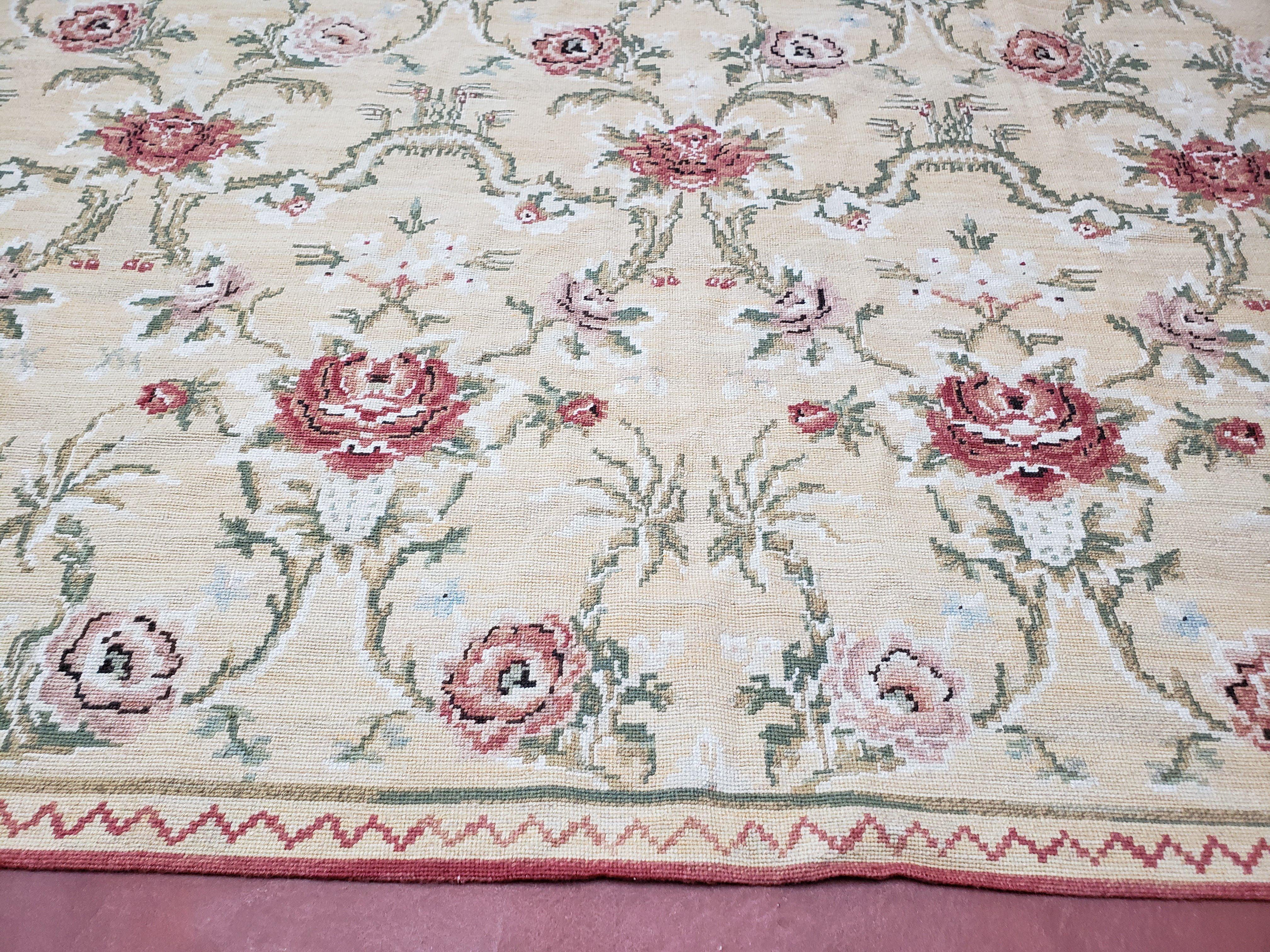 Needlepoint Rug 10x14 Wool Flatweave Carpet, English Floral Pattern, Pale Yellow, Roses, Allover Pattern, Handmade Large Needlepoint Nice - Image 5