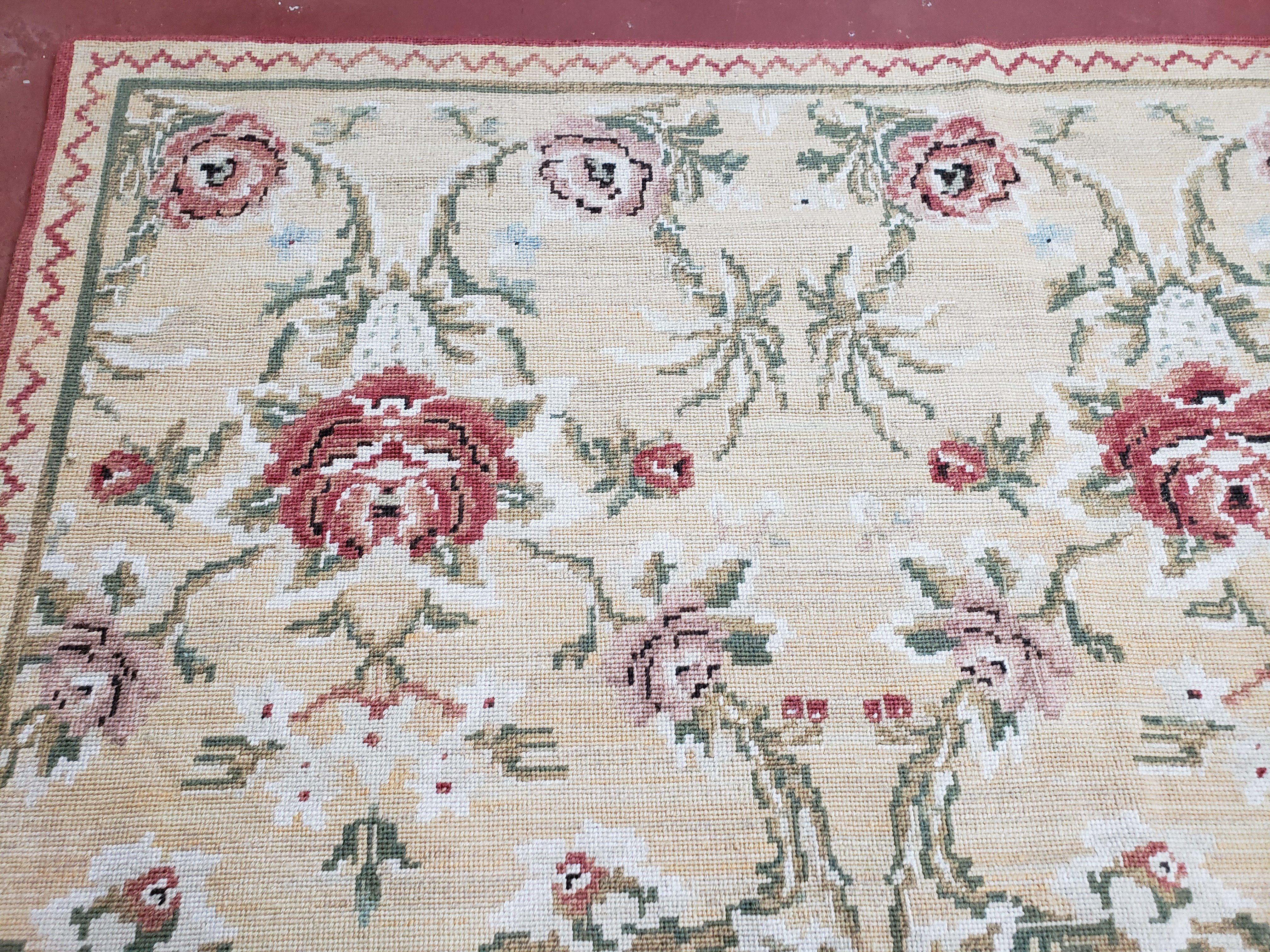 Needlepoint Rug 10x14 Wool Flatweave Carpet, English Floral Pattern, Pale Yellow, Roses, Allover Pattern, Handmade Large Needlepoint Nice - Image 6