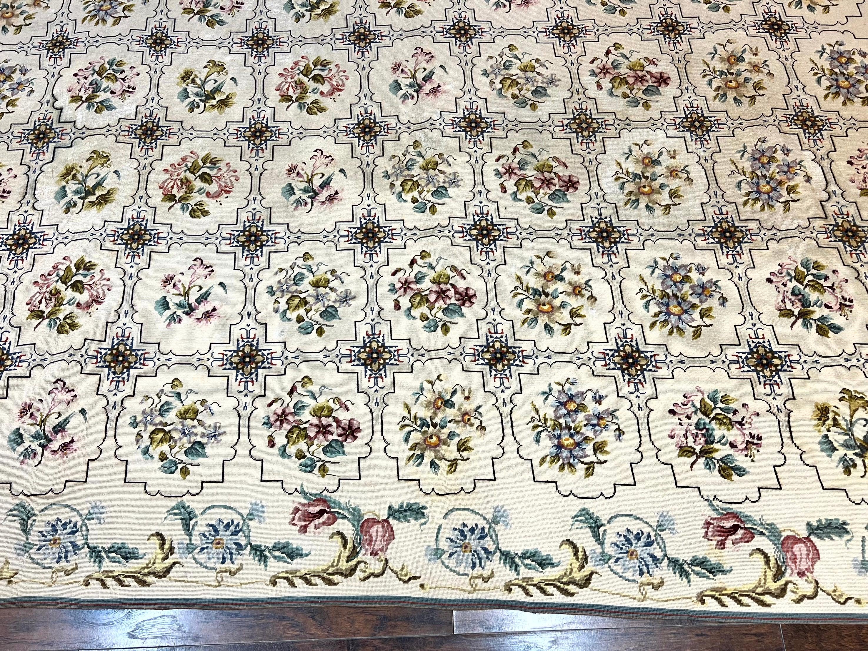 Needlepoint Rug 10x14, Wool Handmade Vintage Needlepoint Carpet, Floral Panel Design, Ivory/Cream - Image 5